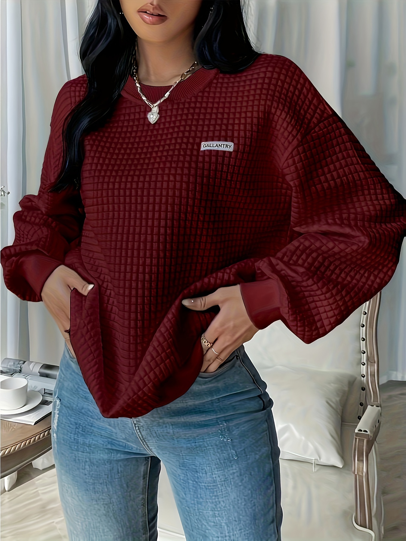 waffle loose sweatshirt casual long sleeve crew neck sweatshirt womens clothing details 18