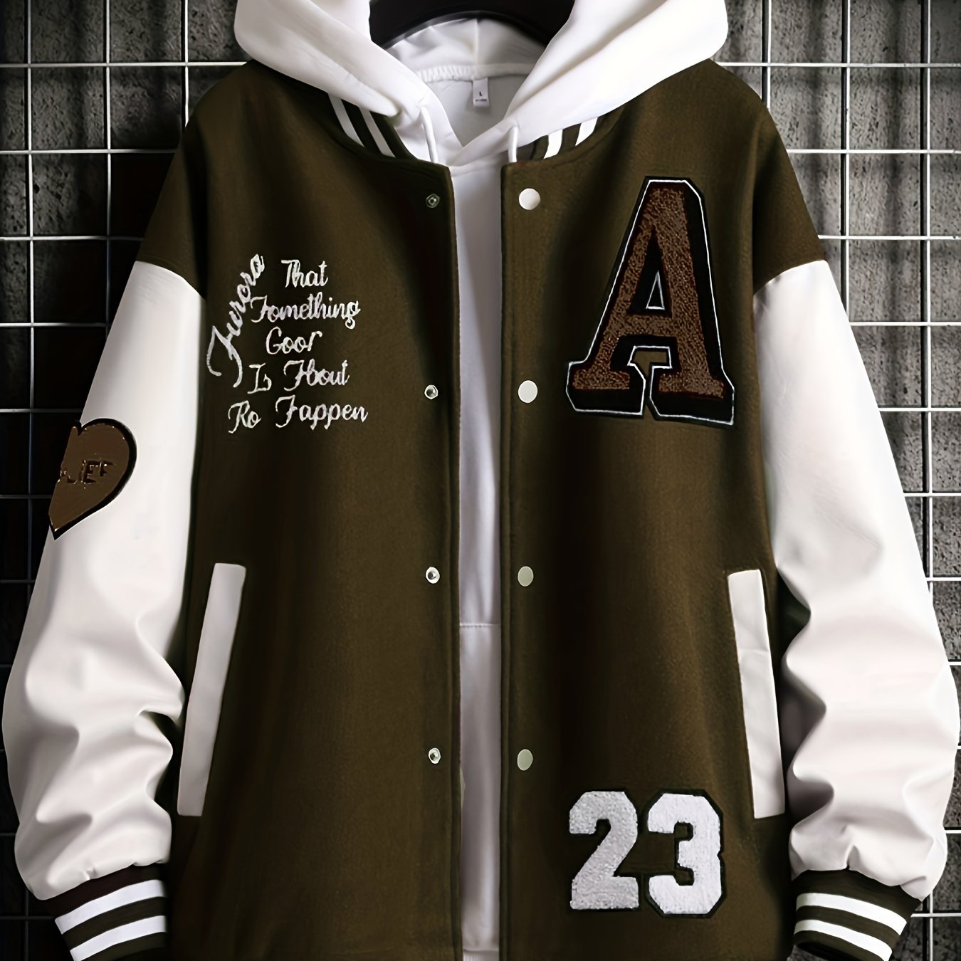 Men's Stand Collar Casual Loose Sports Jacket Color Block "A" Letter Embroidery Button Pocket Coat Top Clothes