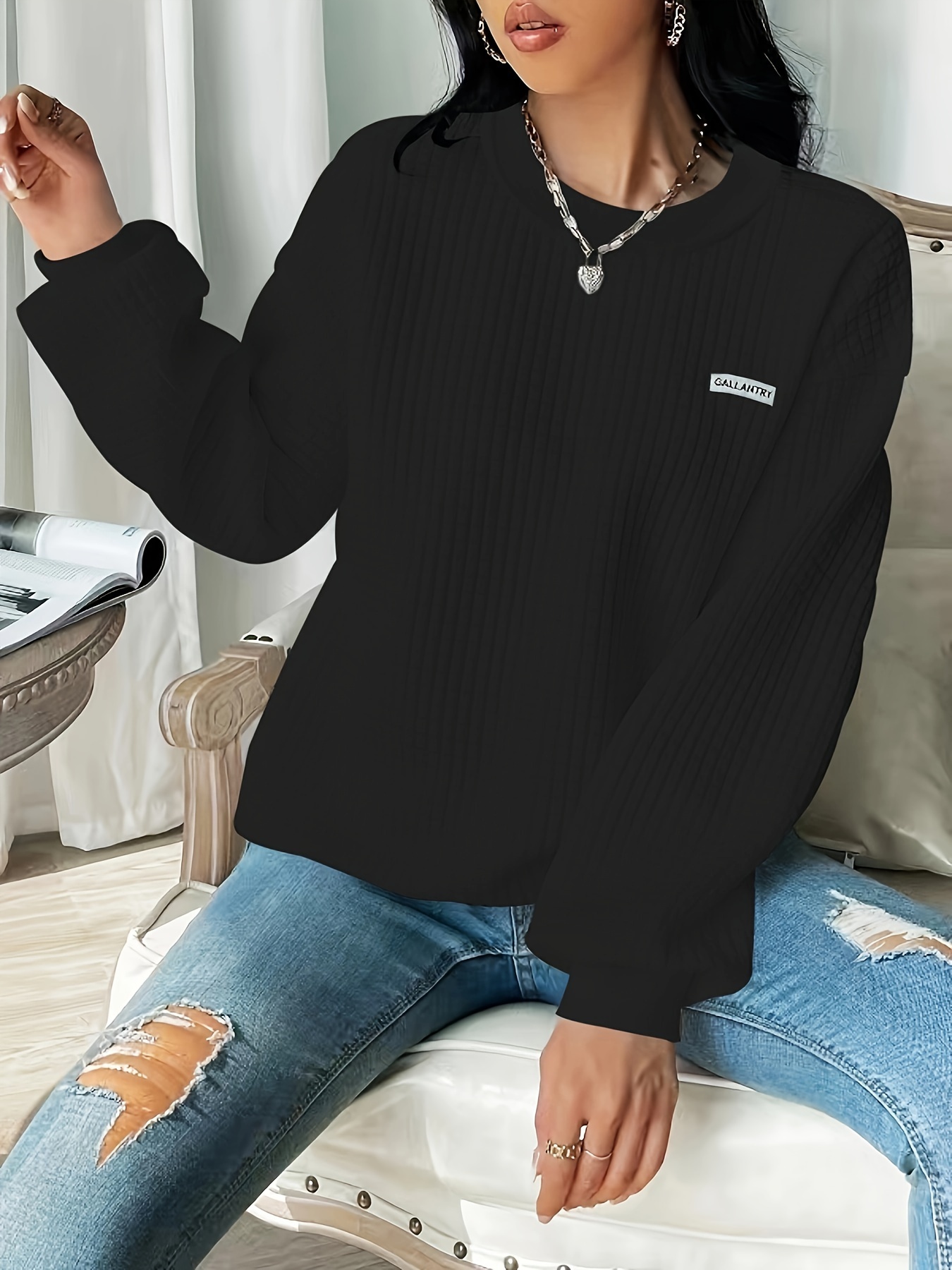 waffle loose sweatshirt casual long sleeve crew neck sweatshirt womens clothing details 30