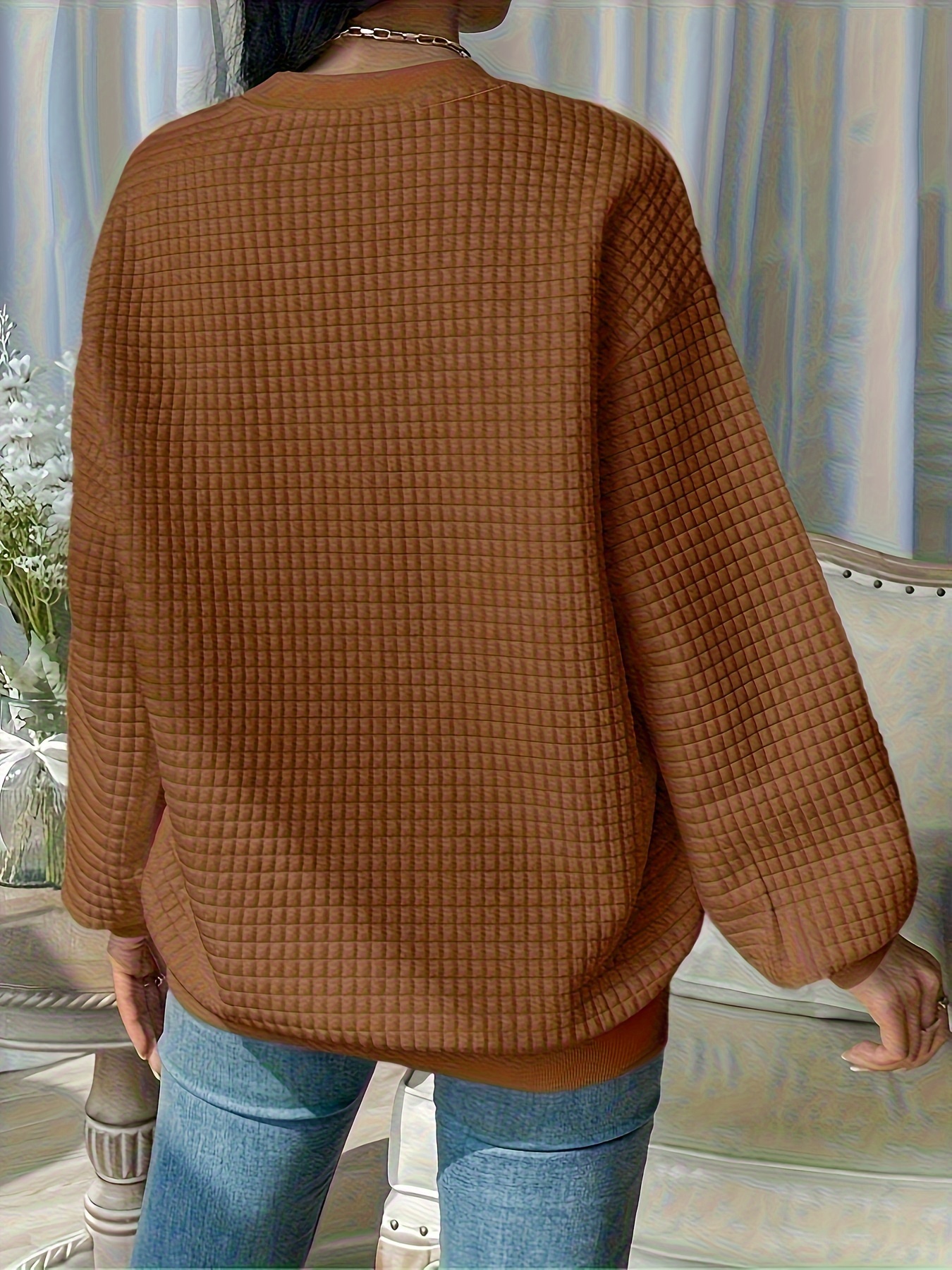 waffle loose sweatshirt casual long sleeve crew neck sweatshirt womens clothing details 21
