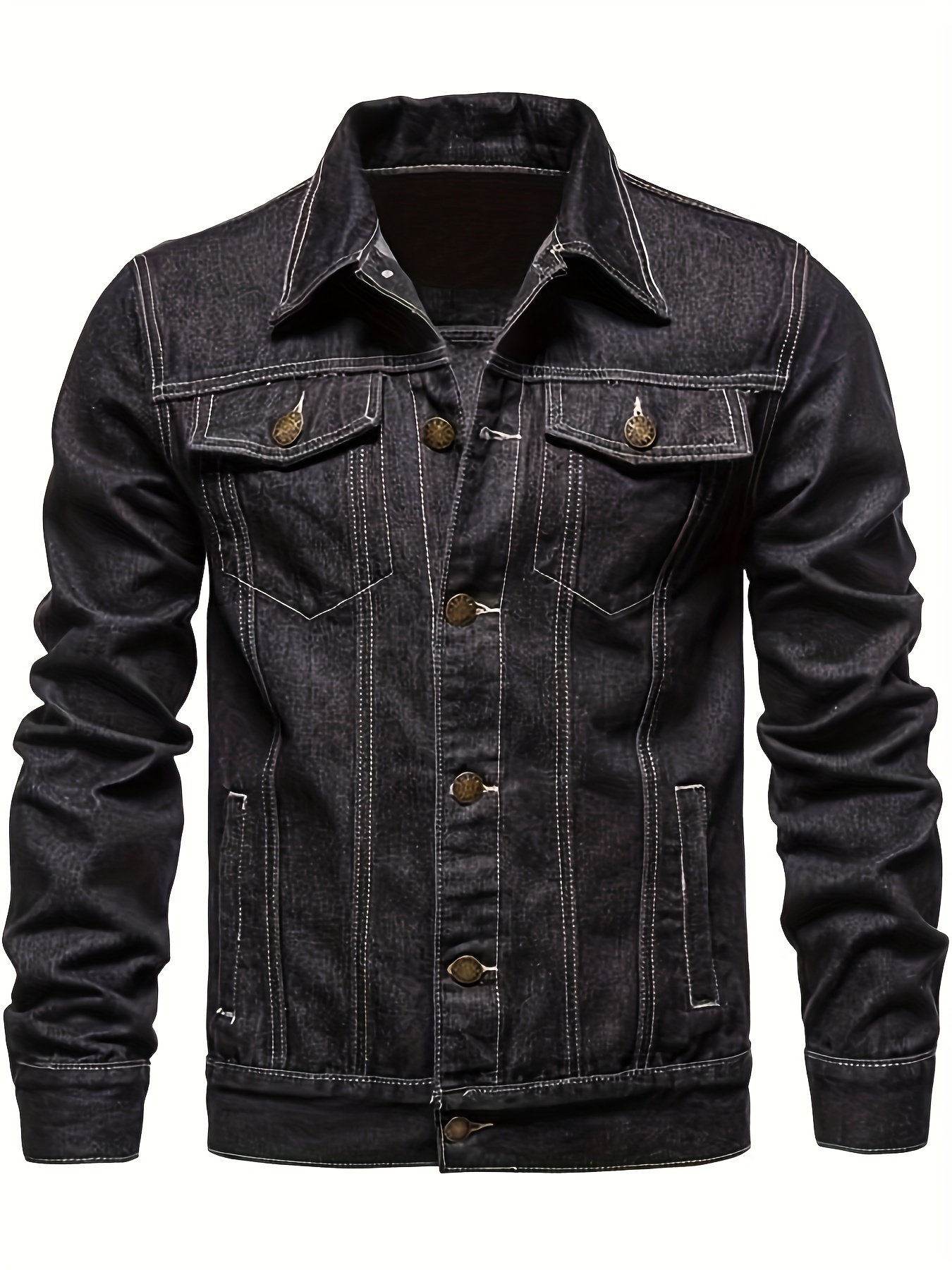 mens chic washed denim jacket casual street style button up contrast stitching jacket for fall winter details 0