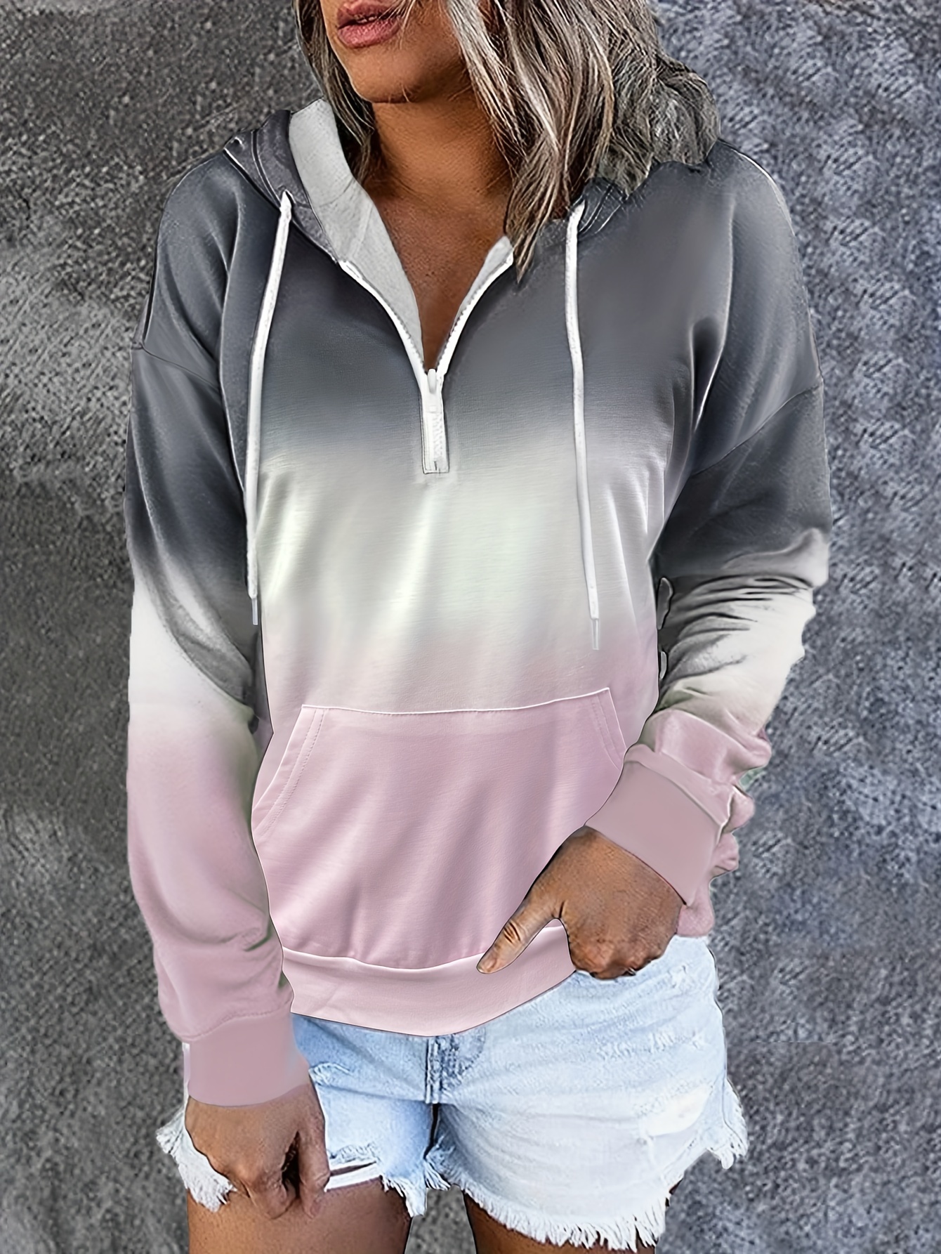 color block drawstring half zip hoodies street wear drop shoulder kangaroo pocket sweatshirt womens clothing details 18