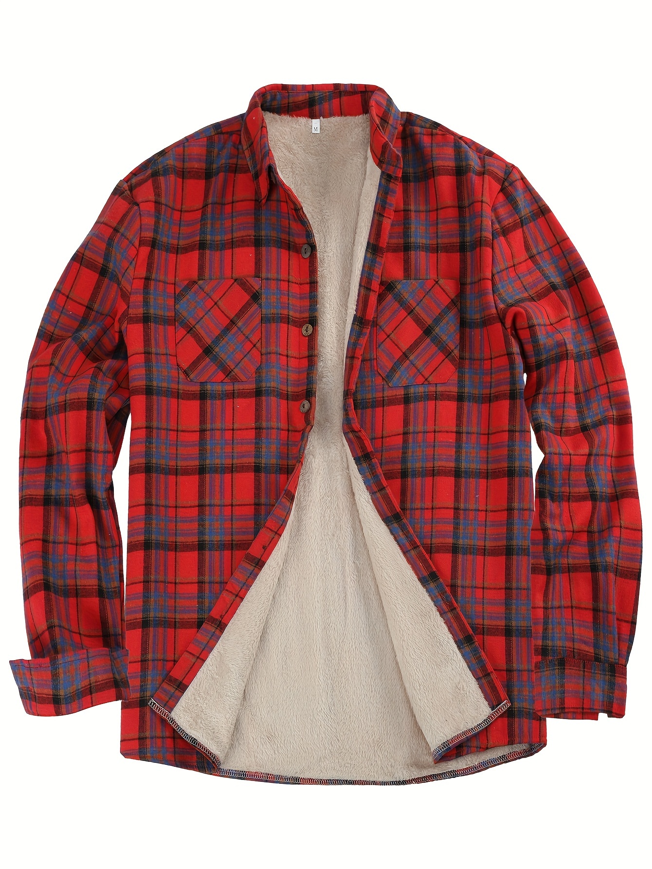 mens warm fleece plaid shirt coat casual retro lapel button up chest pocket jacket for fall winter details 11