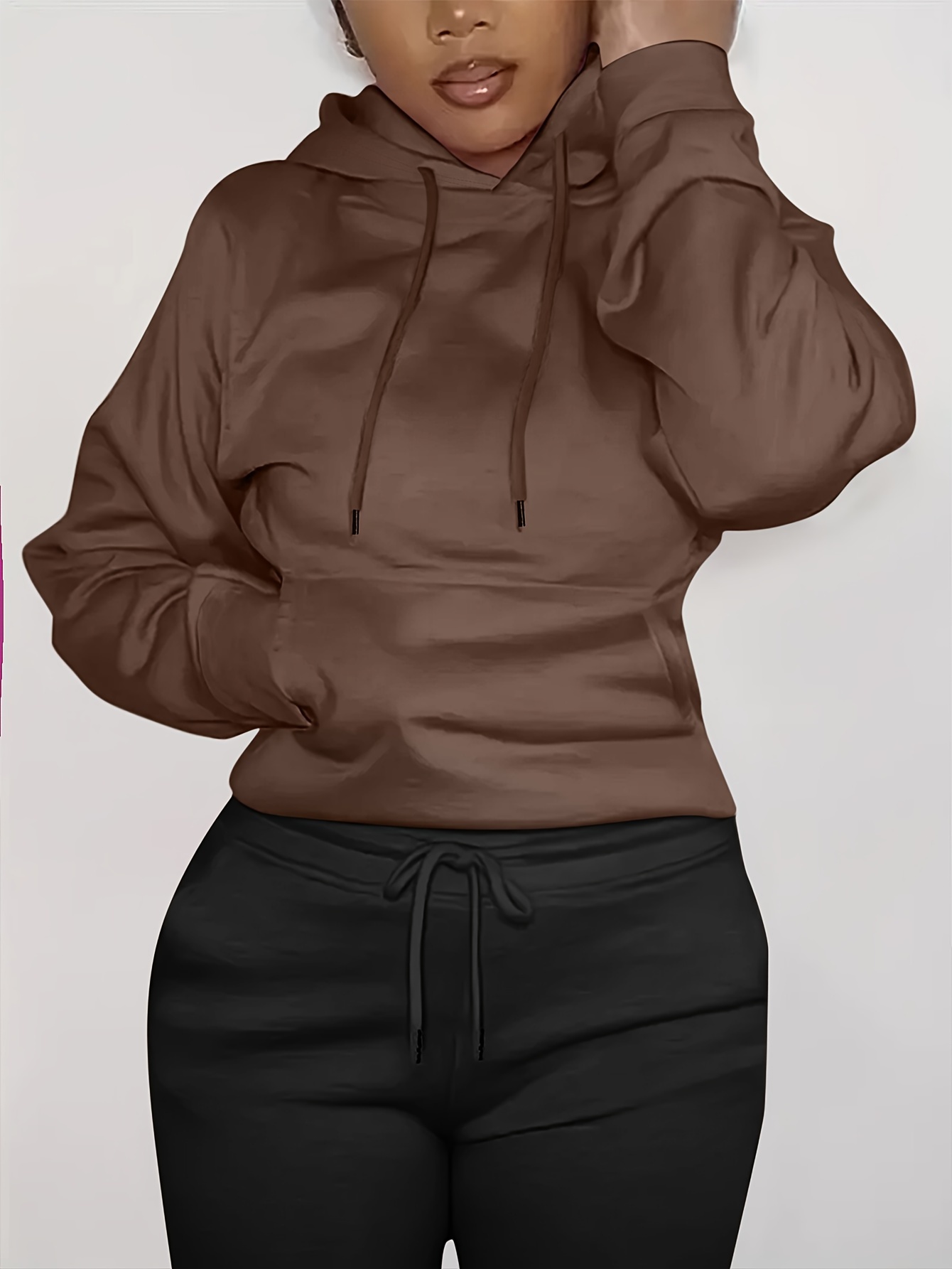 solid kangaroo pocket hoodie without pants casual long sleeve drawstring hoodies sweatshirt womens clothing details 30