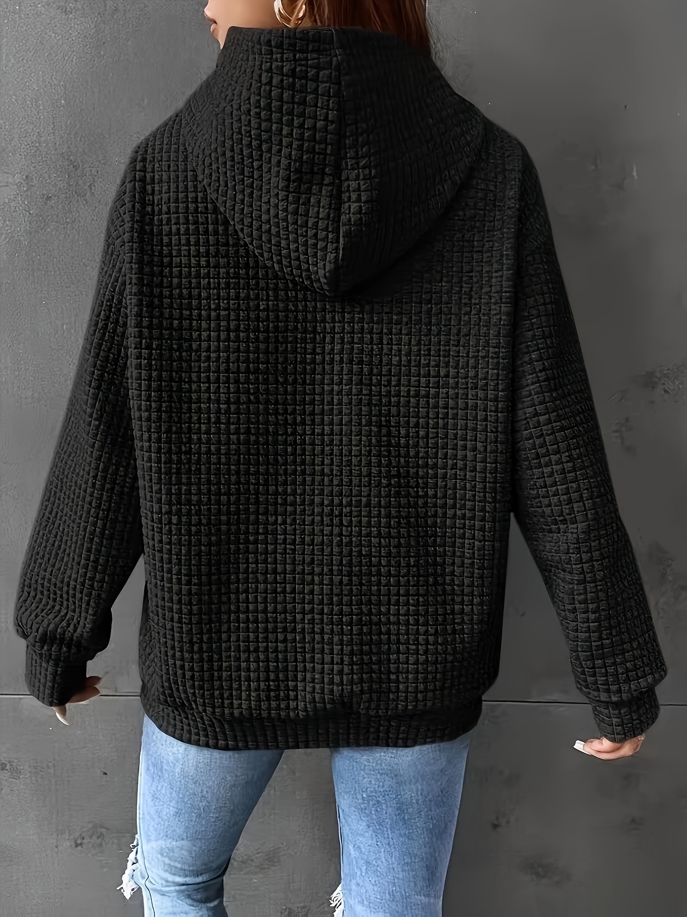 solid textured drawstring hoodie casual long sleeve kangaroo pocket sweatshirt womens clothing details 1