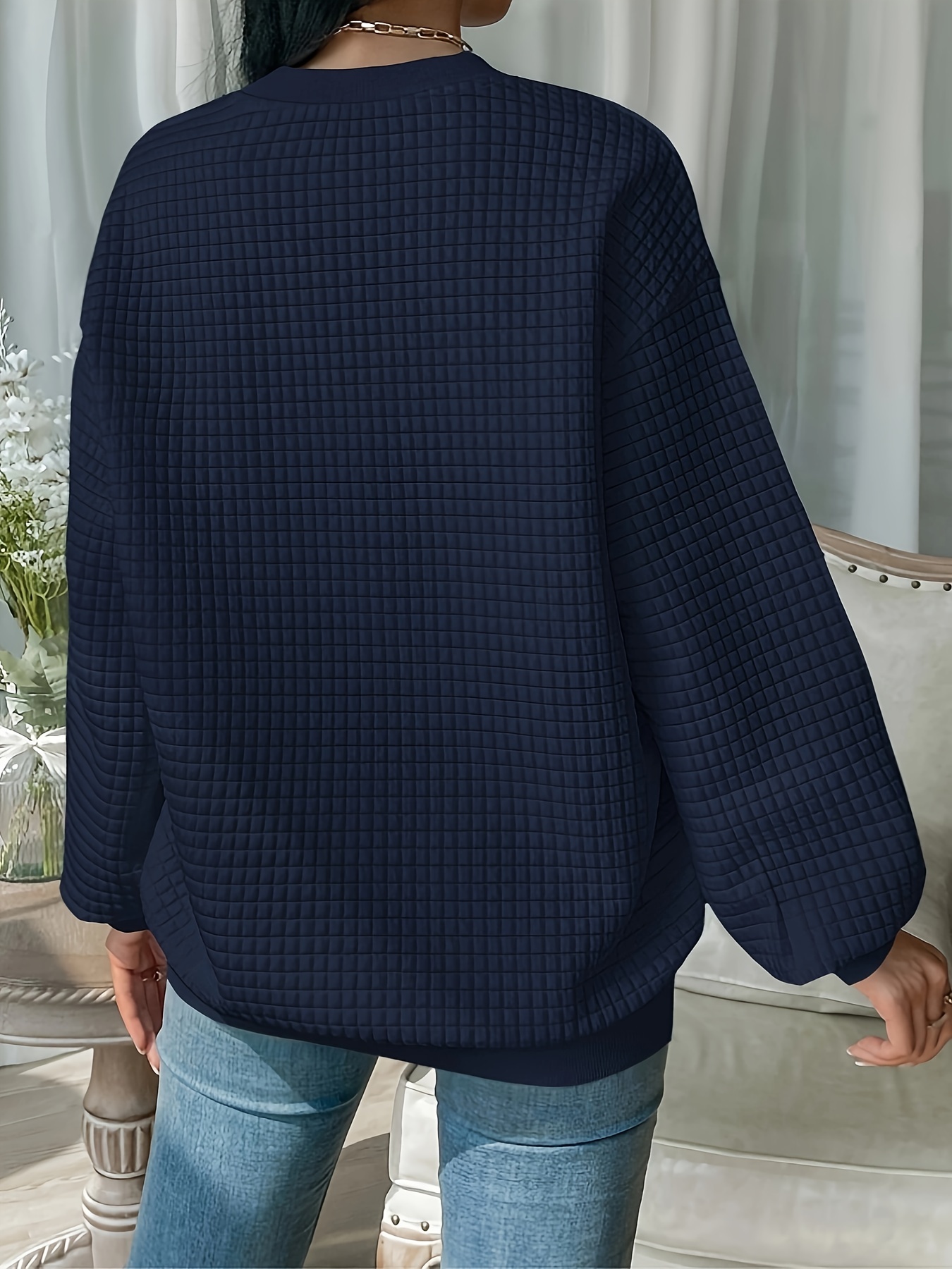 waffle loose sweatshirt casual long sleeve crew neck sweatshirt womens clothing details 1