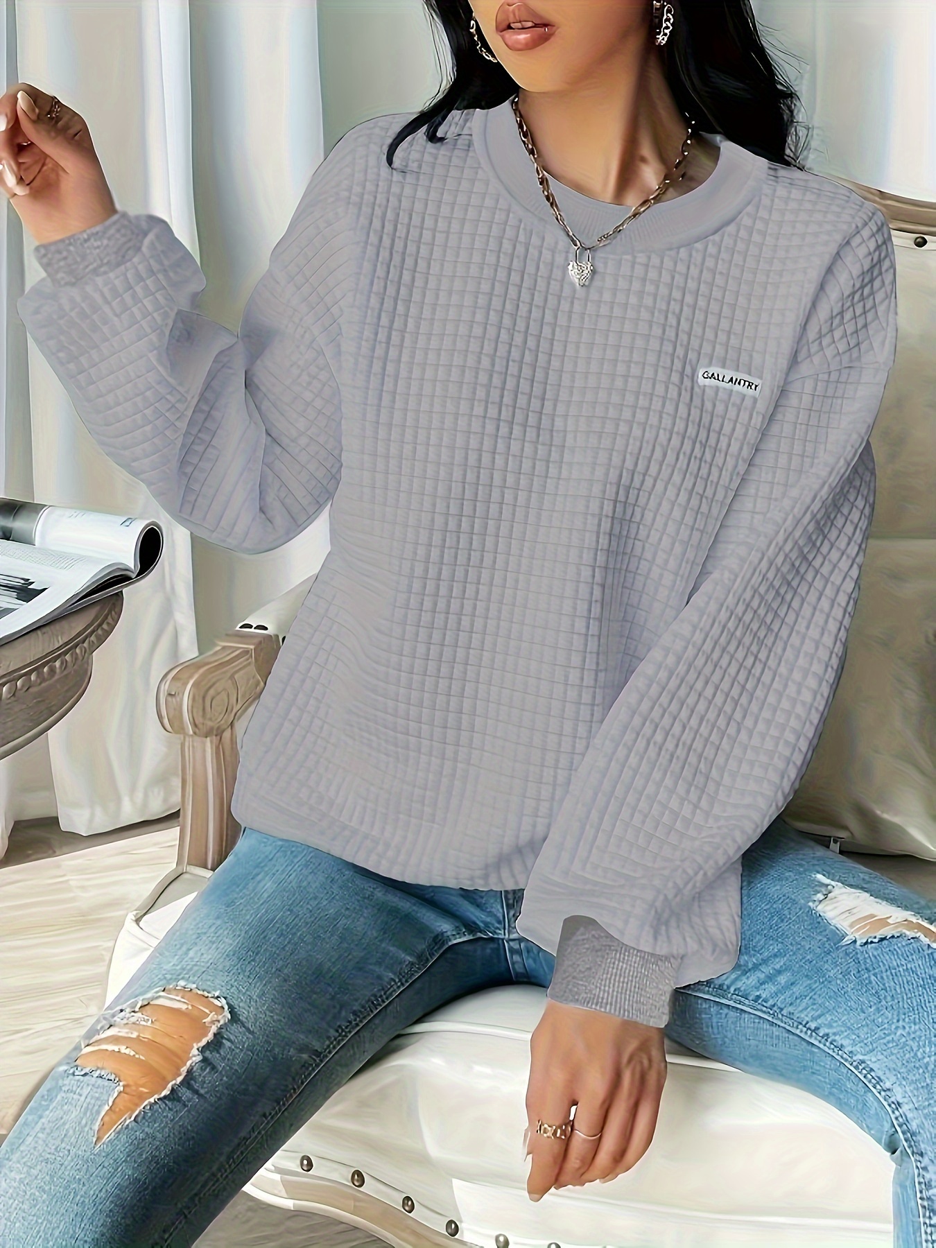 waffle loose sweatshirt casual long sleeve crew neck sweatshirt womens clothing details 5
