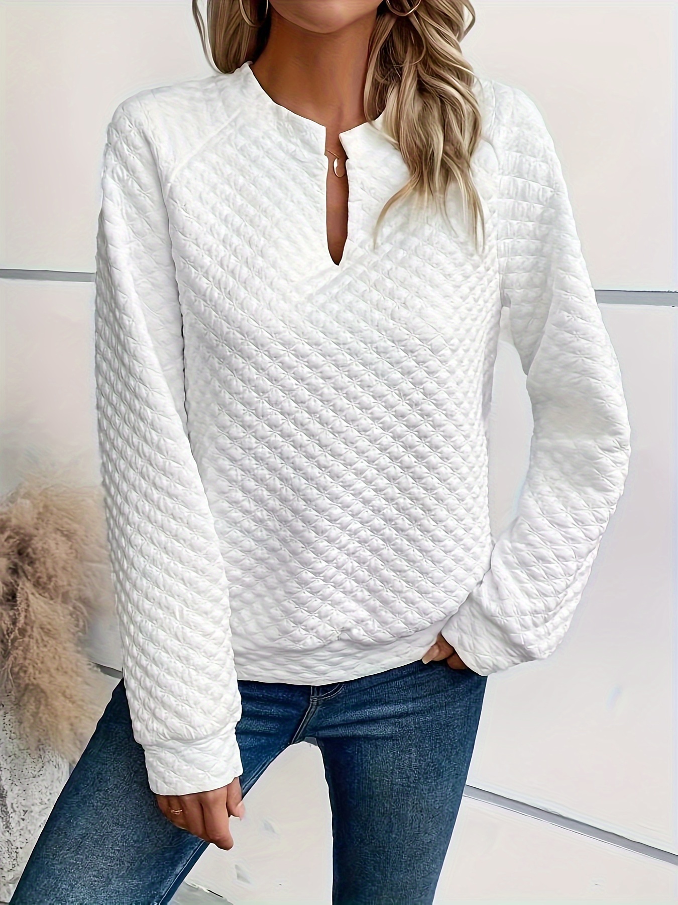 notch neck pullover textured sweatshirt casual raglan sleeve sweatshirt for fall winter womens clothing details 6