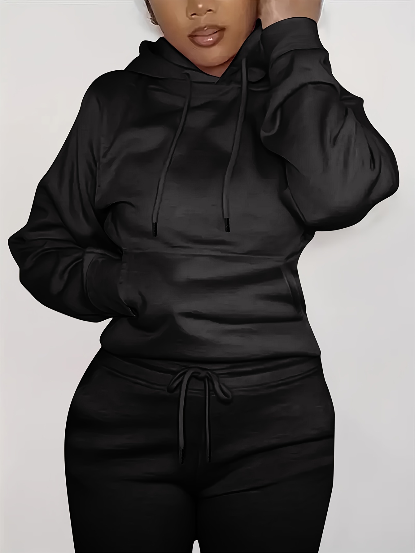 solid kangaroo pocket hoodie without pants casual long sleeve drawstring hoodies sweatshirt womens clothing details 0
