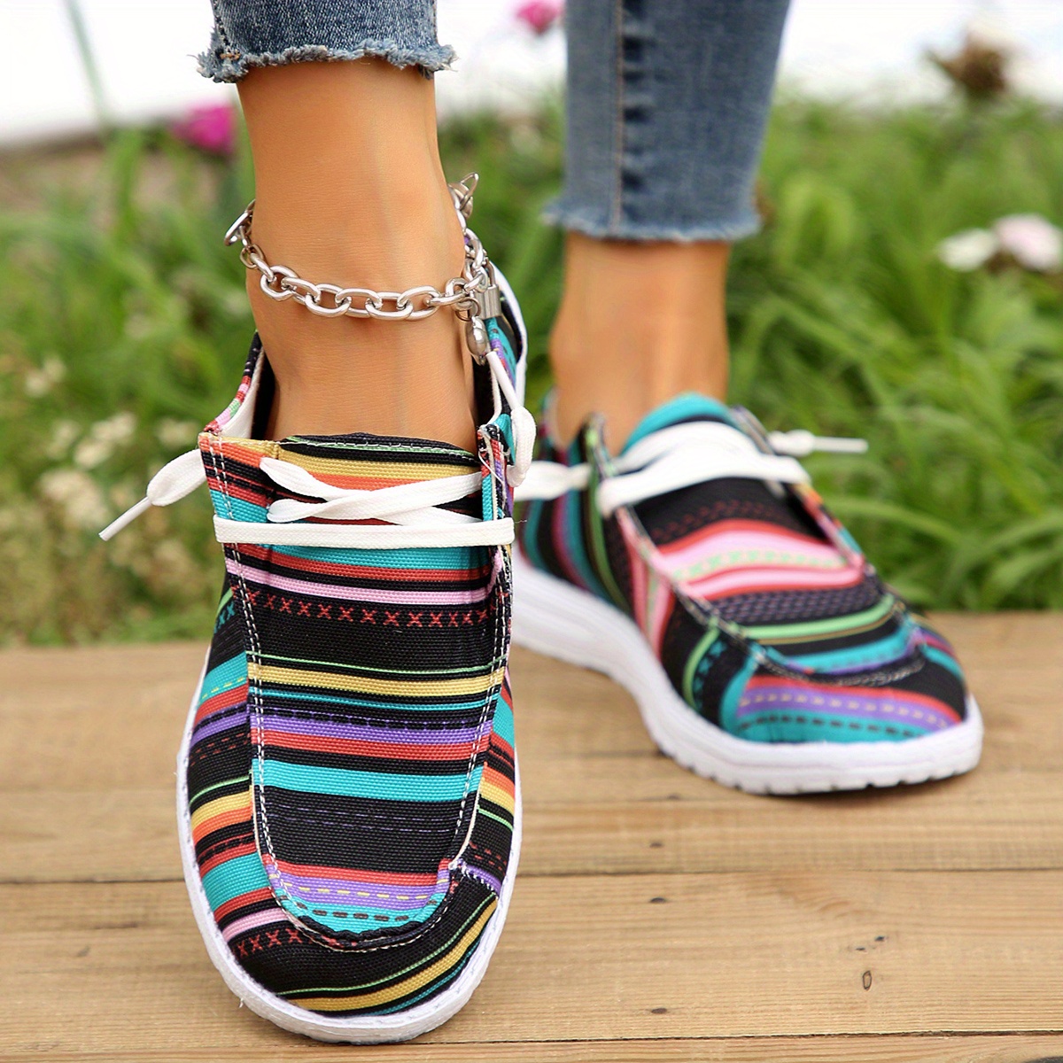 colorful striped canvas shoes women s lightweight round toe details 2