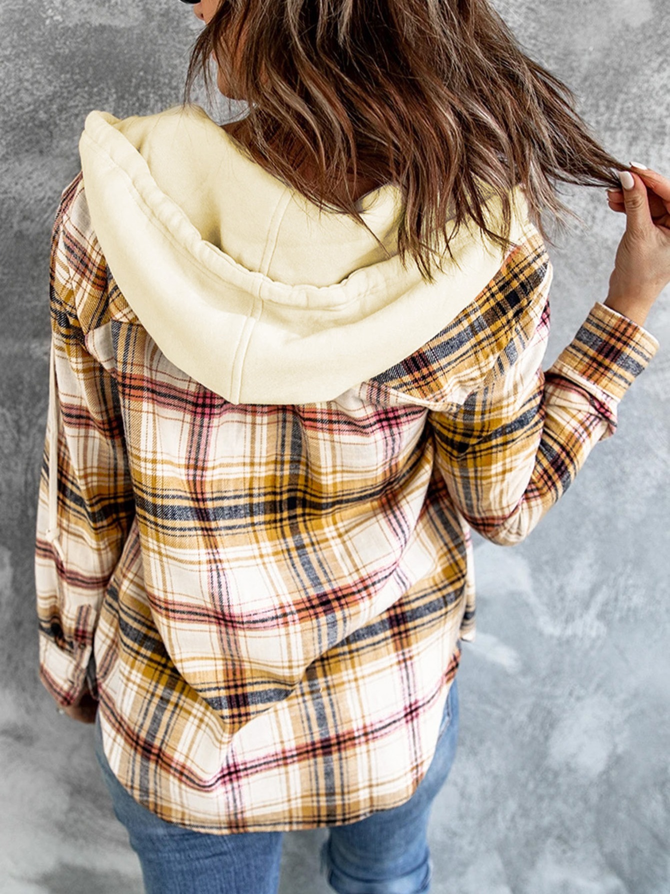 womens outwear plaid print pocket drawstring hooded jacket details 1