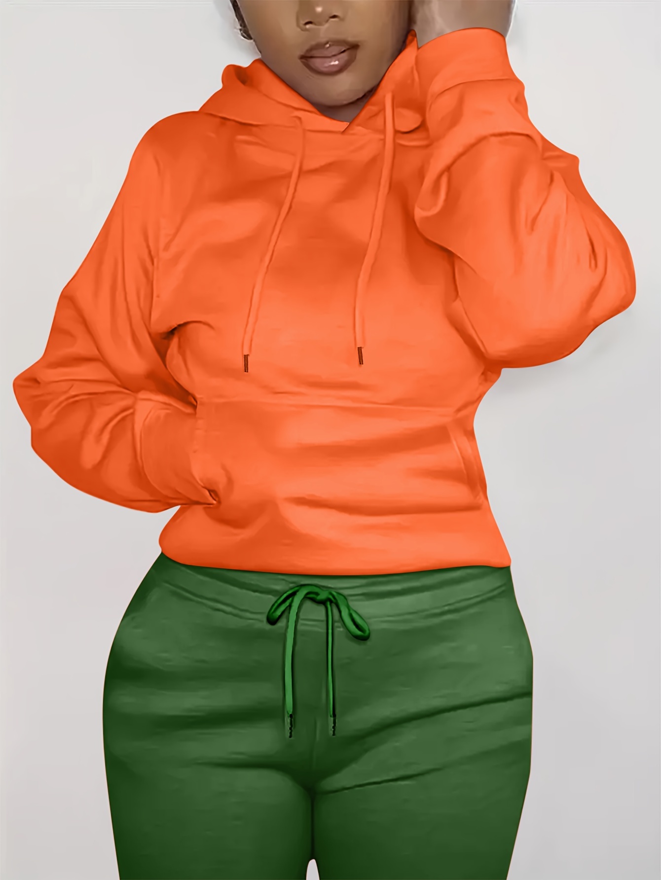 solid kangaroo pocket hoodie without pants casual long sleeve drawstring hoodies sweatshirt womens clothing details 15