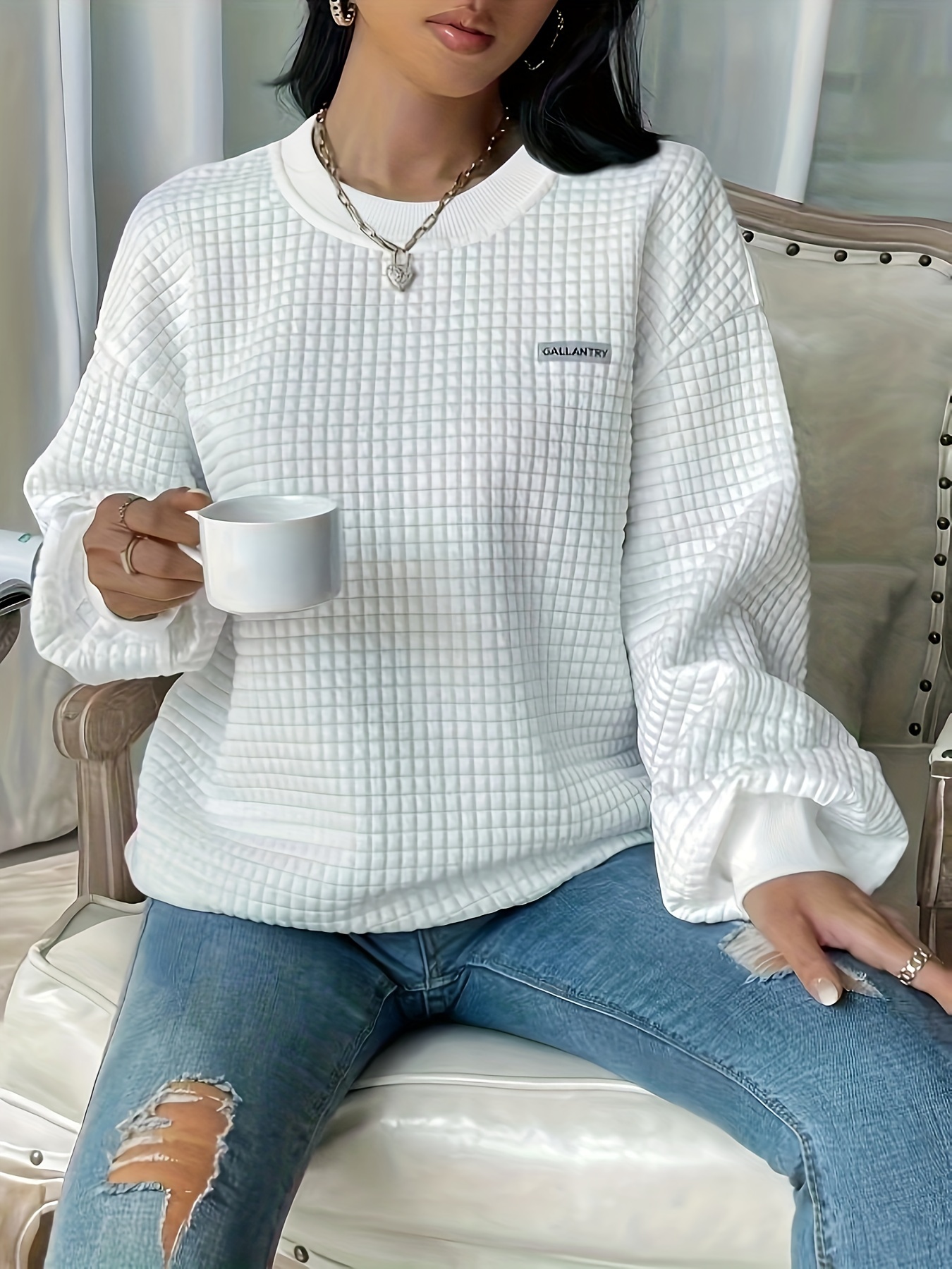 waffle loose sweatshirt casual long sleeve crew neck sweatshirt womens clothing details 29