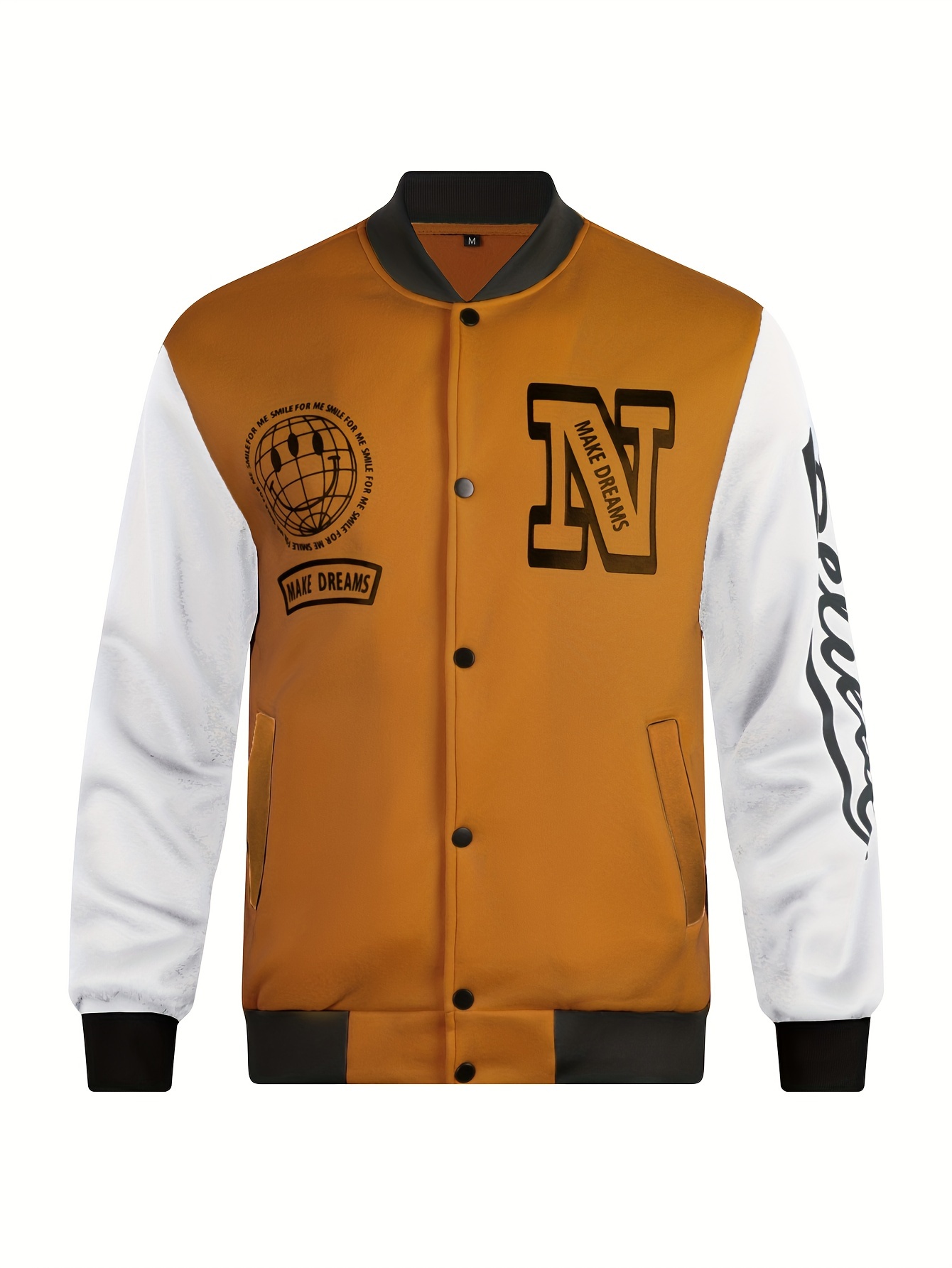 globe print varsity jacket mens casual color block button up jacket for spring fall school baseball details 5