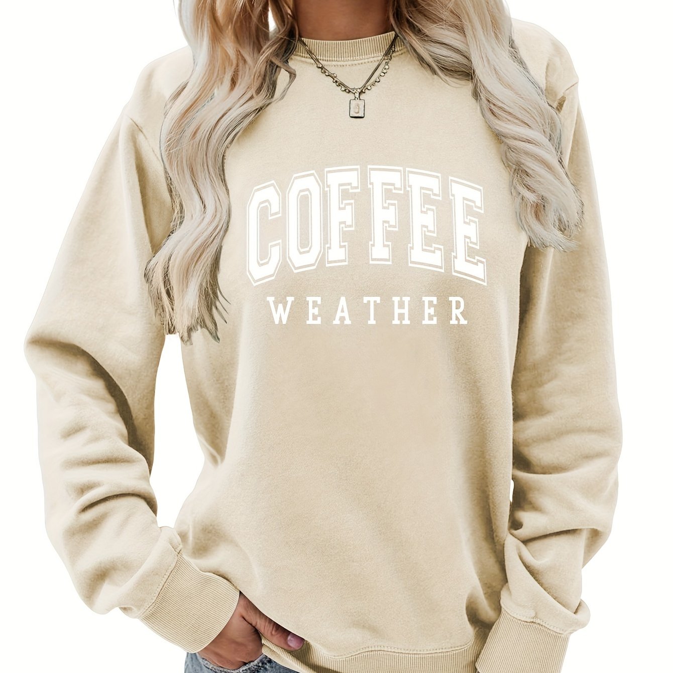 Women's Chic Coffee Letter Print Sweatshirt - Casual Crew Neck, Comfy Cotton Blend, All-Season Wear