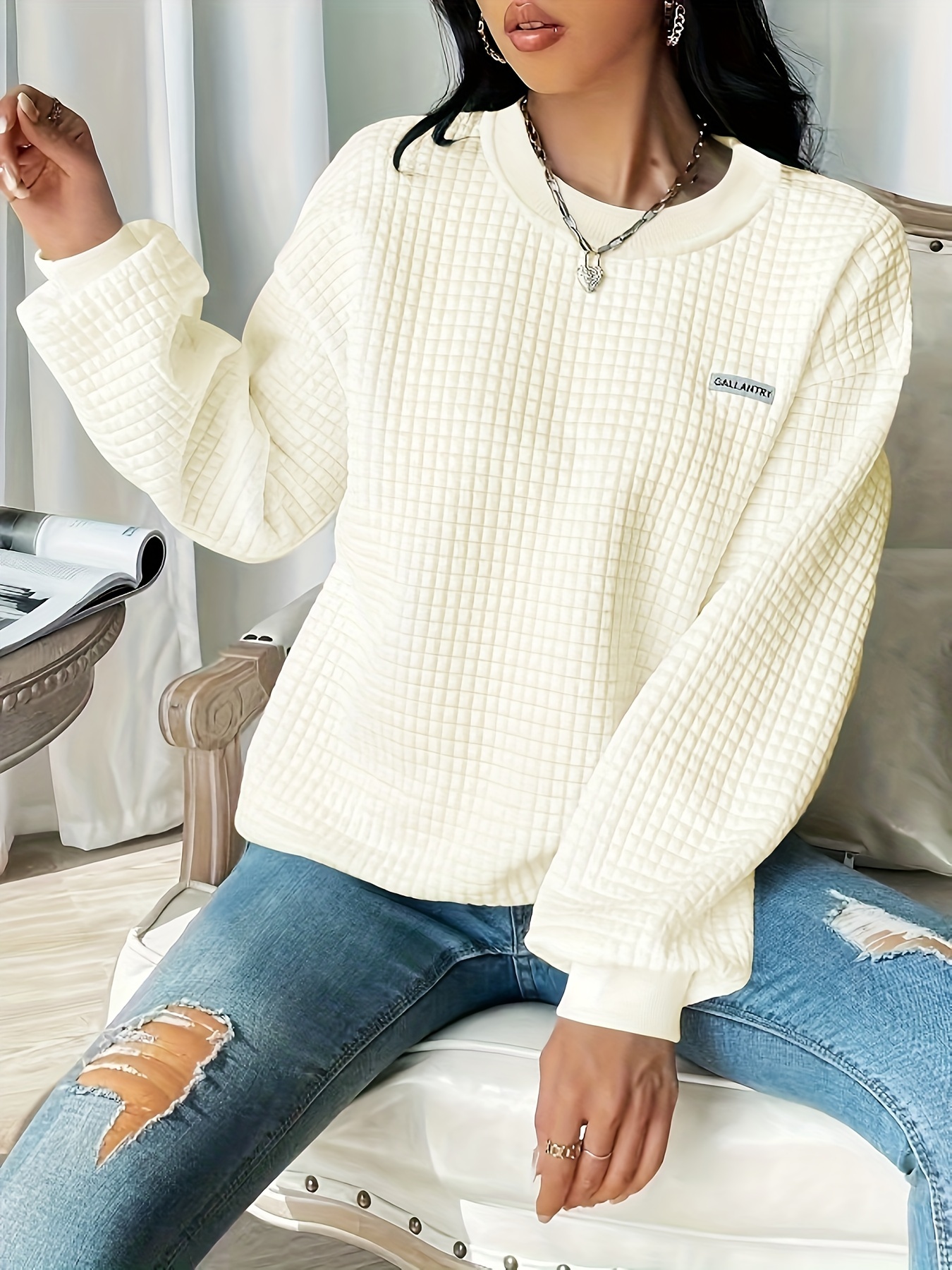 waffle loose sweatshirt casual long sleeve crew neck sweatshirt womens clothing details 10