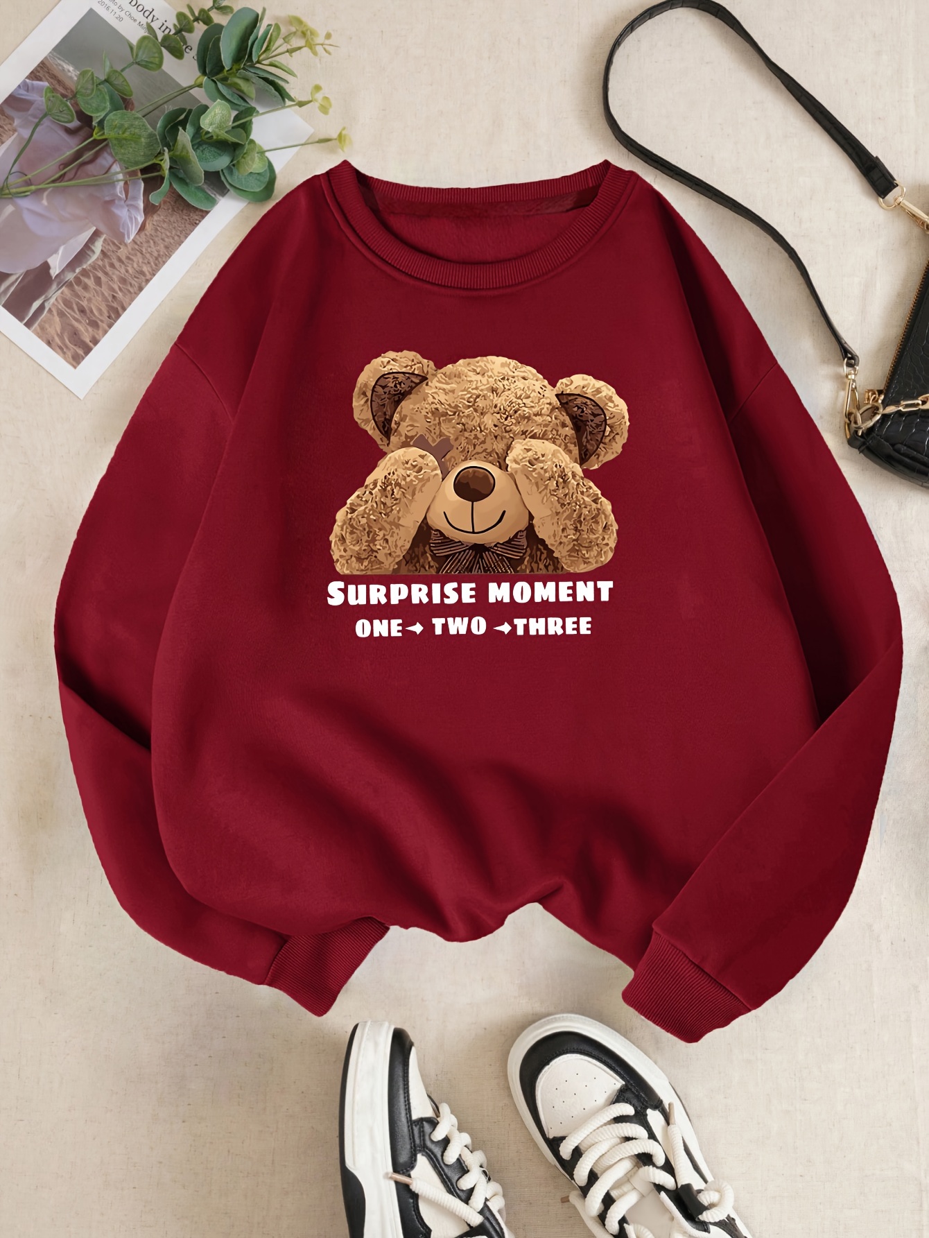 bear letter print loose sweatshirt casual long sleeve crew neck sweatshirt womens clothing details 0