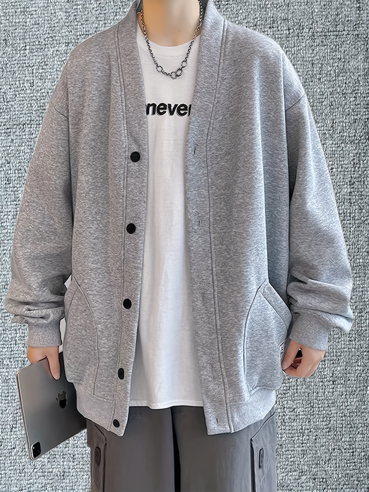 mens casual single breasted jacket retro loose fit cardigan sweater coat details 5