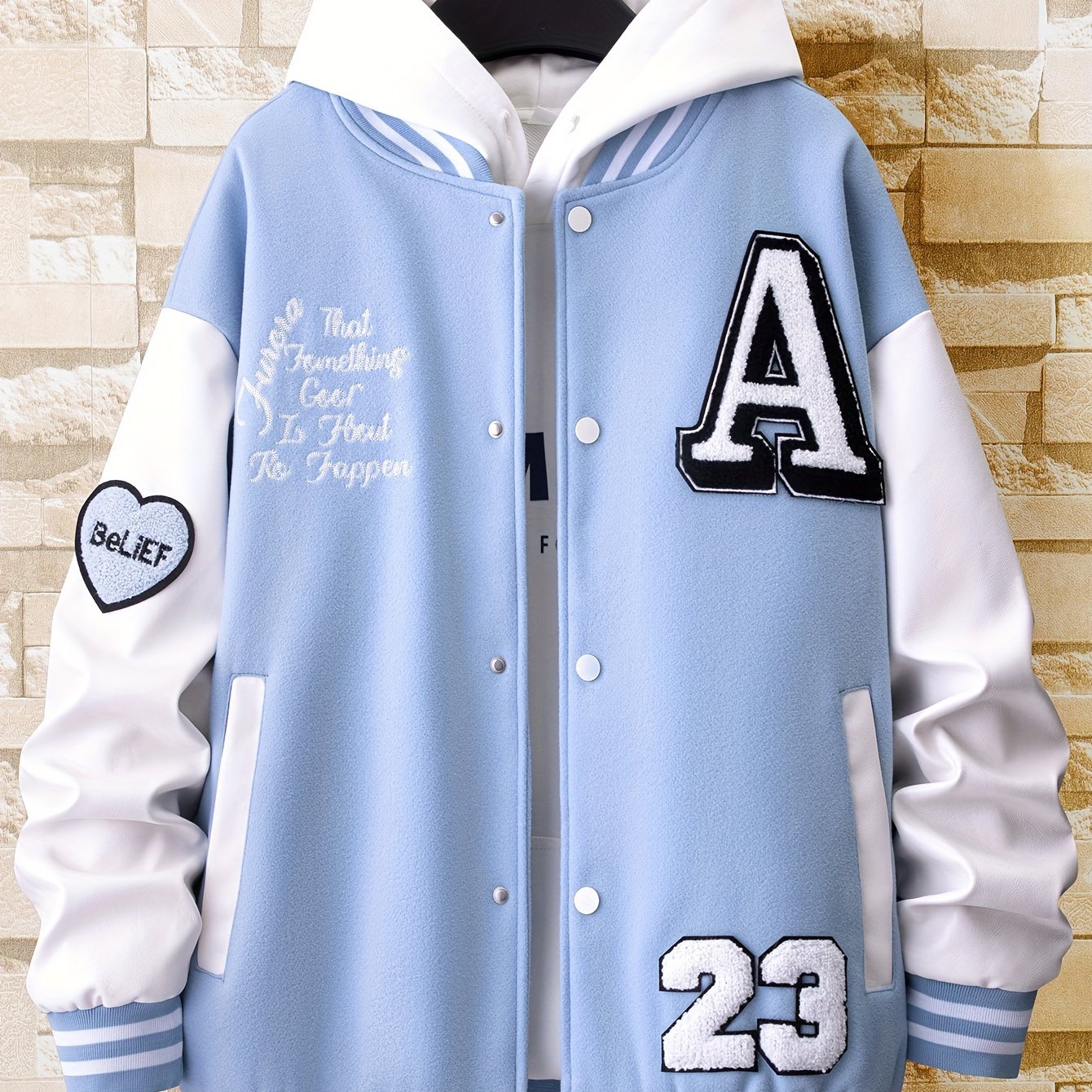Men's Stand Collar Casual Loose Sports Jacket Color Block "A" Letter Embroidery Button Pocket Coat Top Clothes
