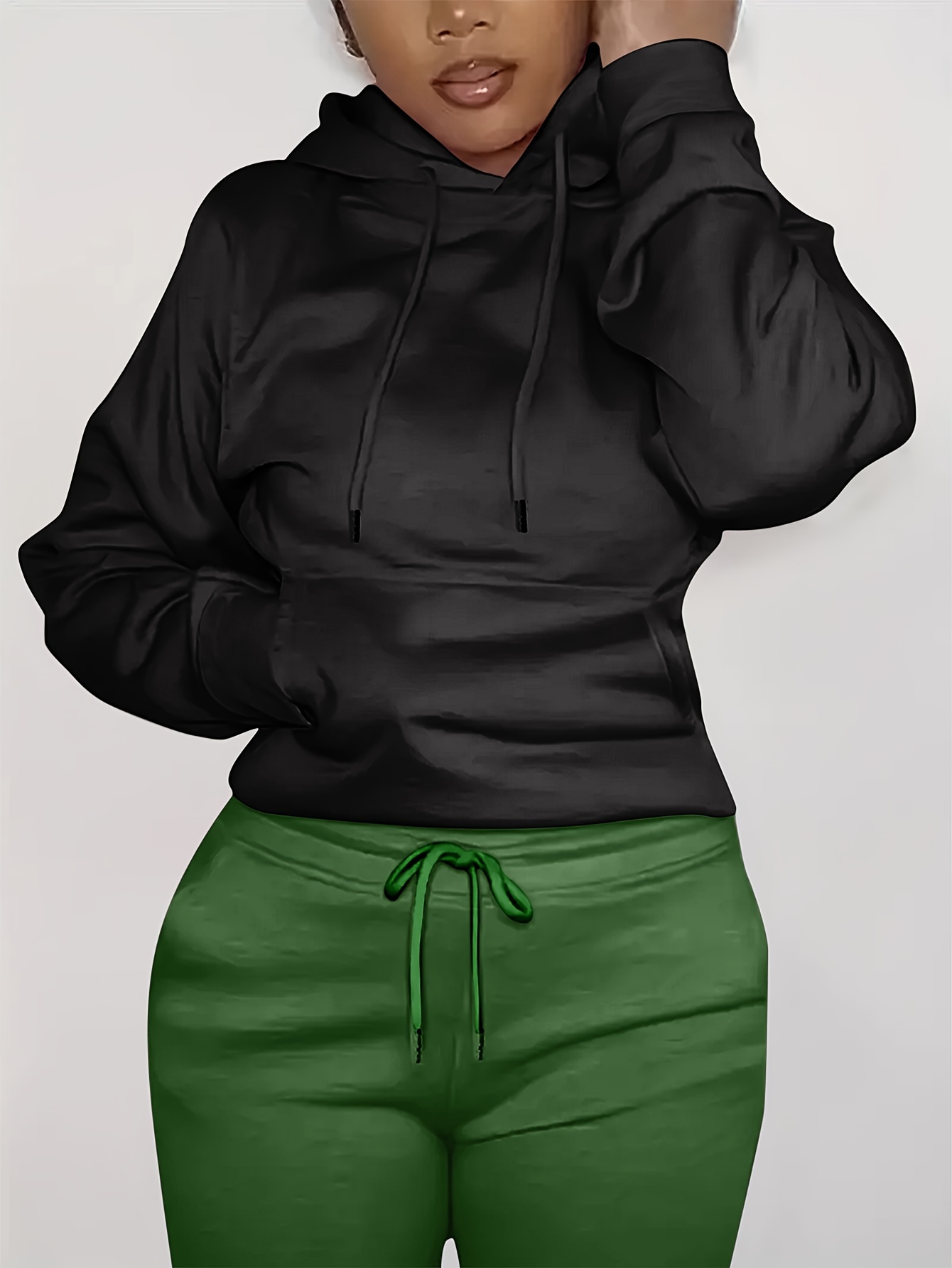solid kangaroo pocket hoodie without pants casual long sleeve drawstring hoodies sweatshirt womens clothing details 3