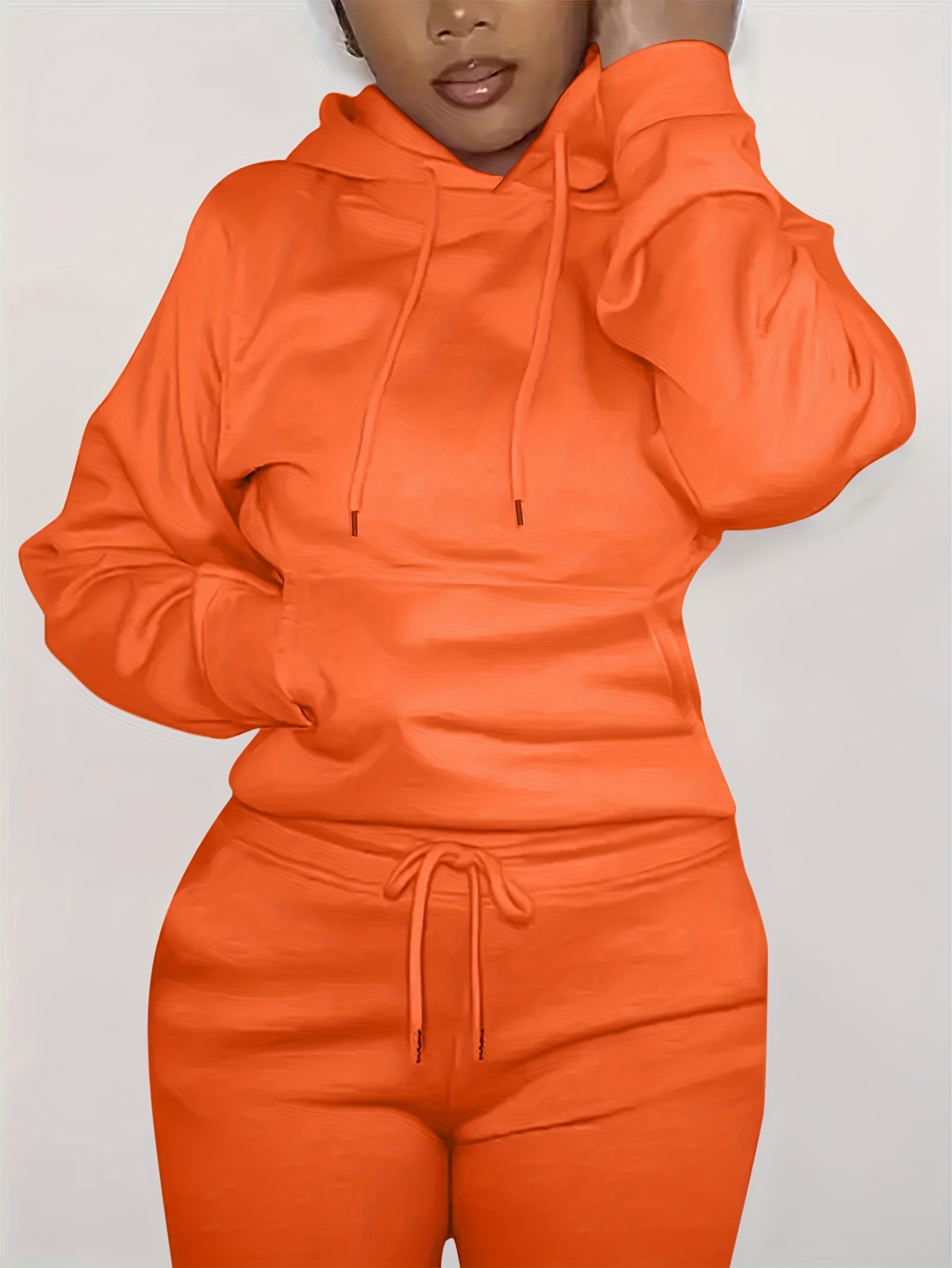solid kangaroo pocket hoodie without pants casual long sleeve drawstring hoodies sweatshirt womens clothing details 12