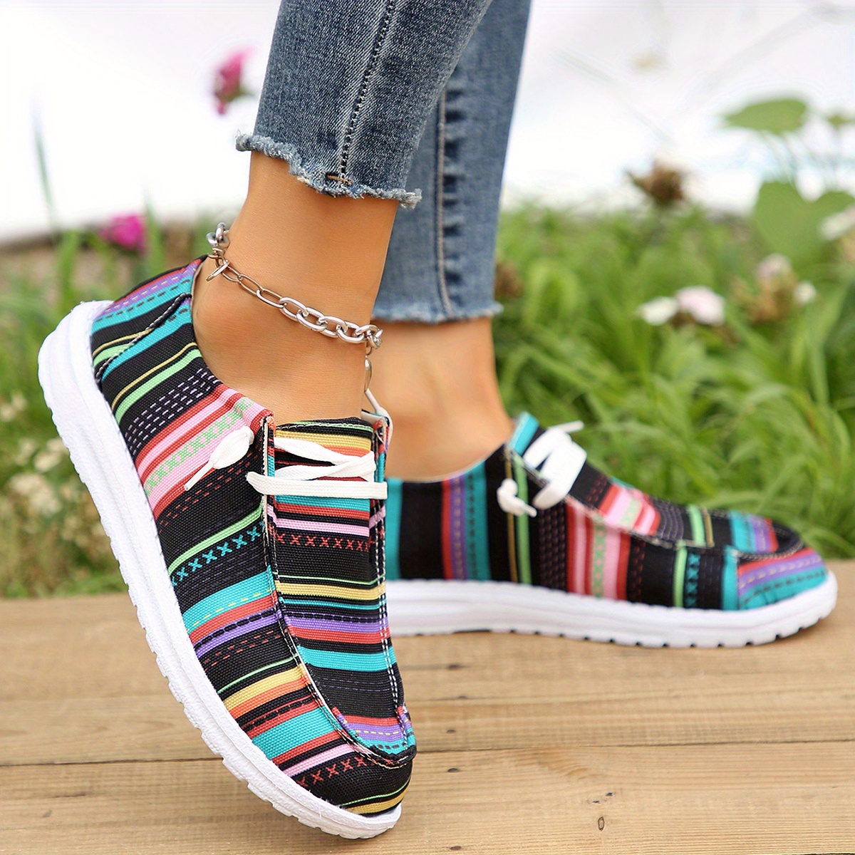 colorful striped canvas shoes women s lightweight round toe details 0
