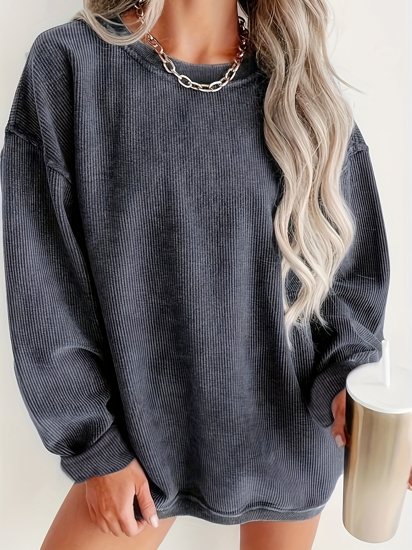 solid ribbed pullover sweatshirt casual long sleeve crew neck sweatshirt for fall winter womens clothing details 5