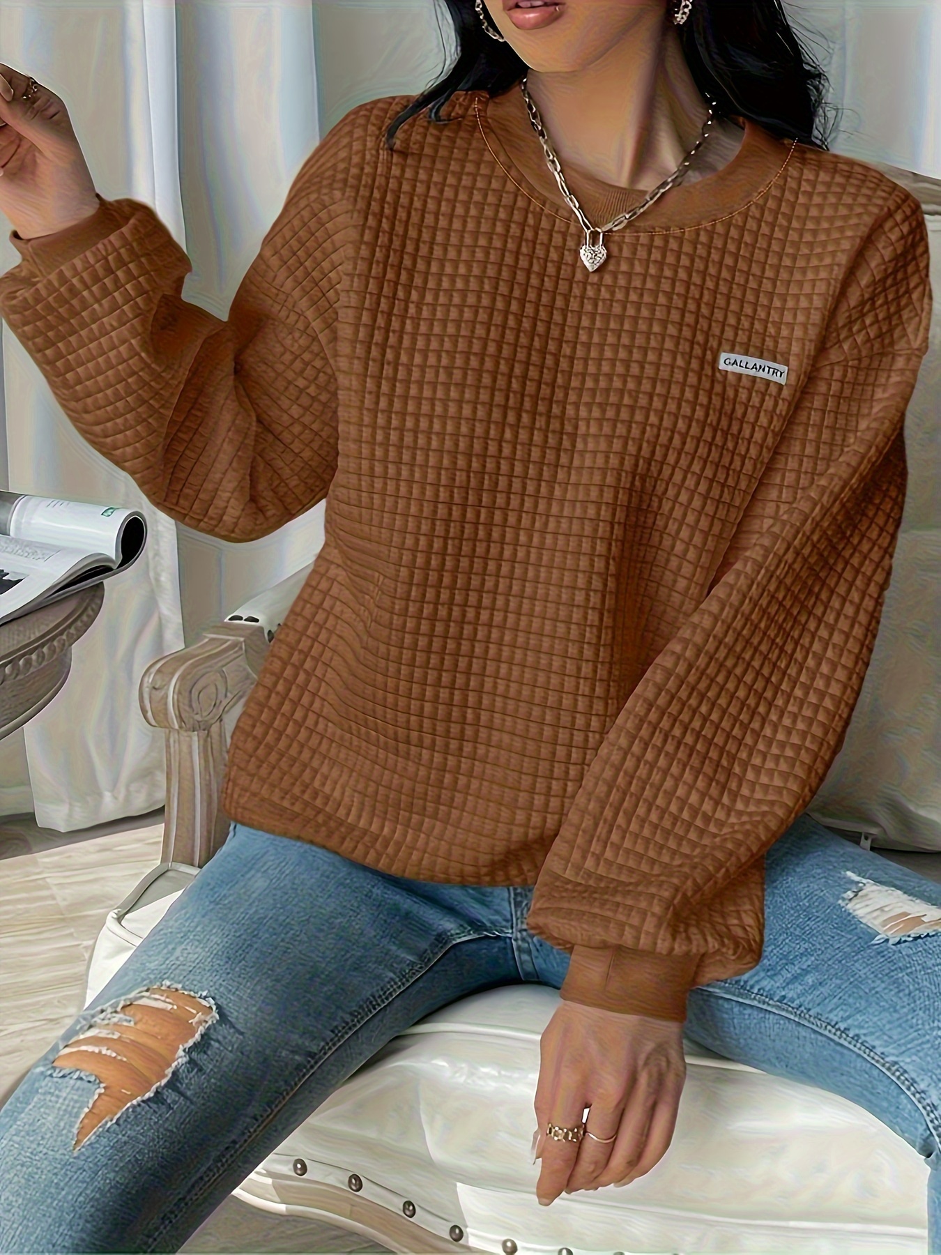 waffle loose sweatshirt casual long sleeve crew neck sweatshirt womens clothing details 24
