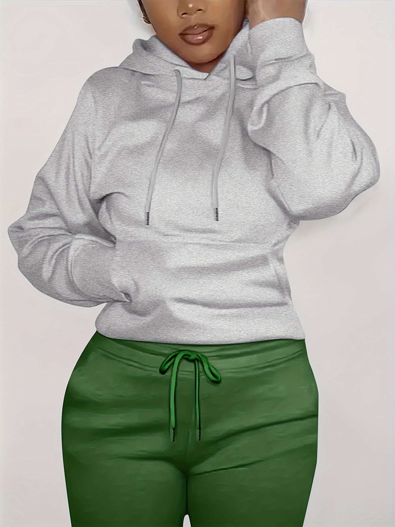 solid kangaroo pocket hoodie without pants casual long sleeve drawstring hoodies sweatshirt womens clothing details 27