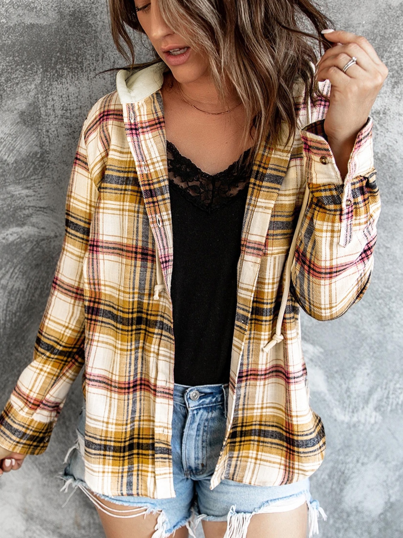 womens outwear plaid print pocket drawstring hooded jacket details 2
