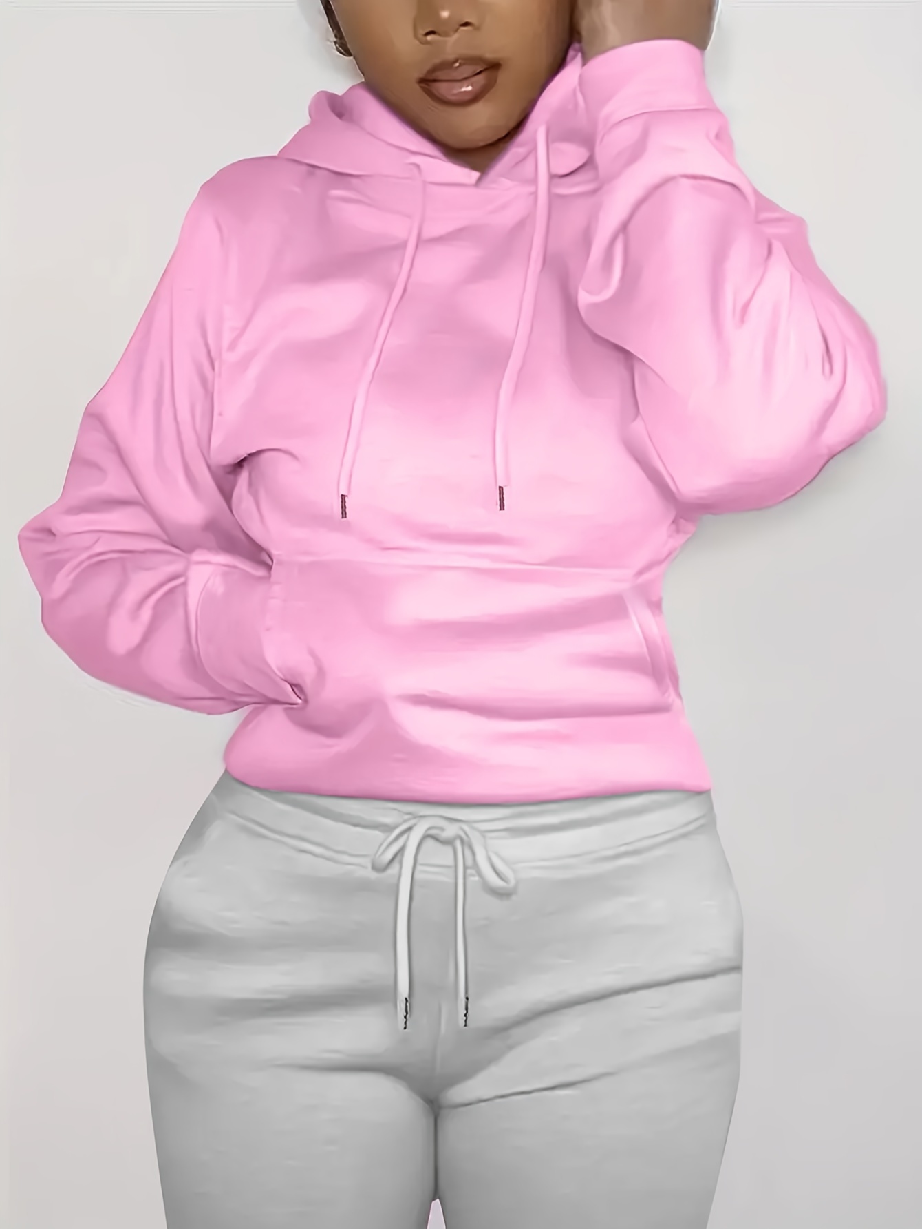 solid kangaroo pocket hoodie without pants casual long sleeve drawstring hoodies sweatshirt womens clothing details 21