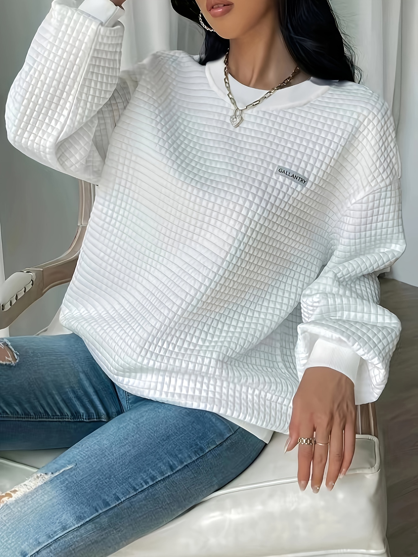 waffle loose sweatshirt casual long sleeve crew neck sweatshirt womens clothing details 27