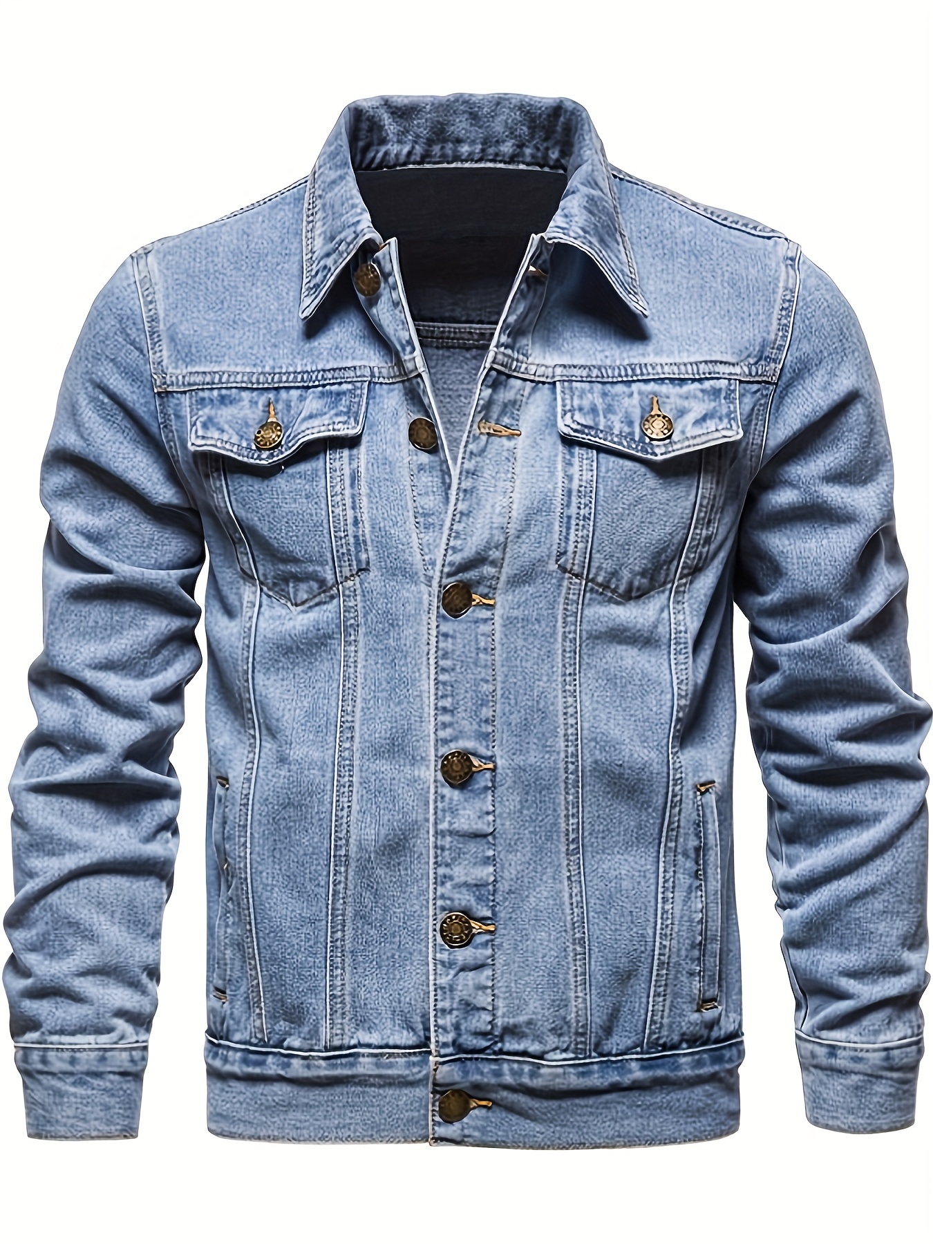 mens chic washed denim jacket casual street style button up contrast stitching jacket for fall winter details 5