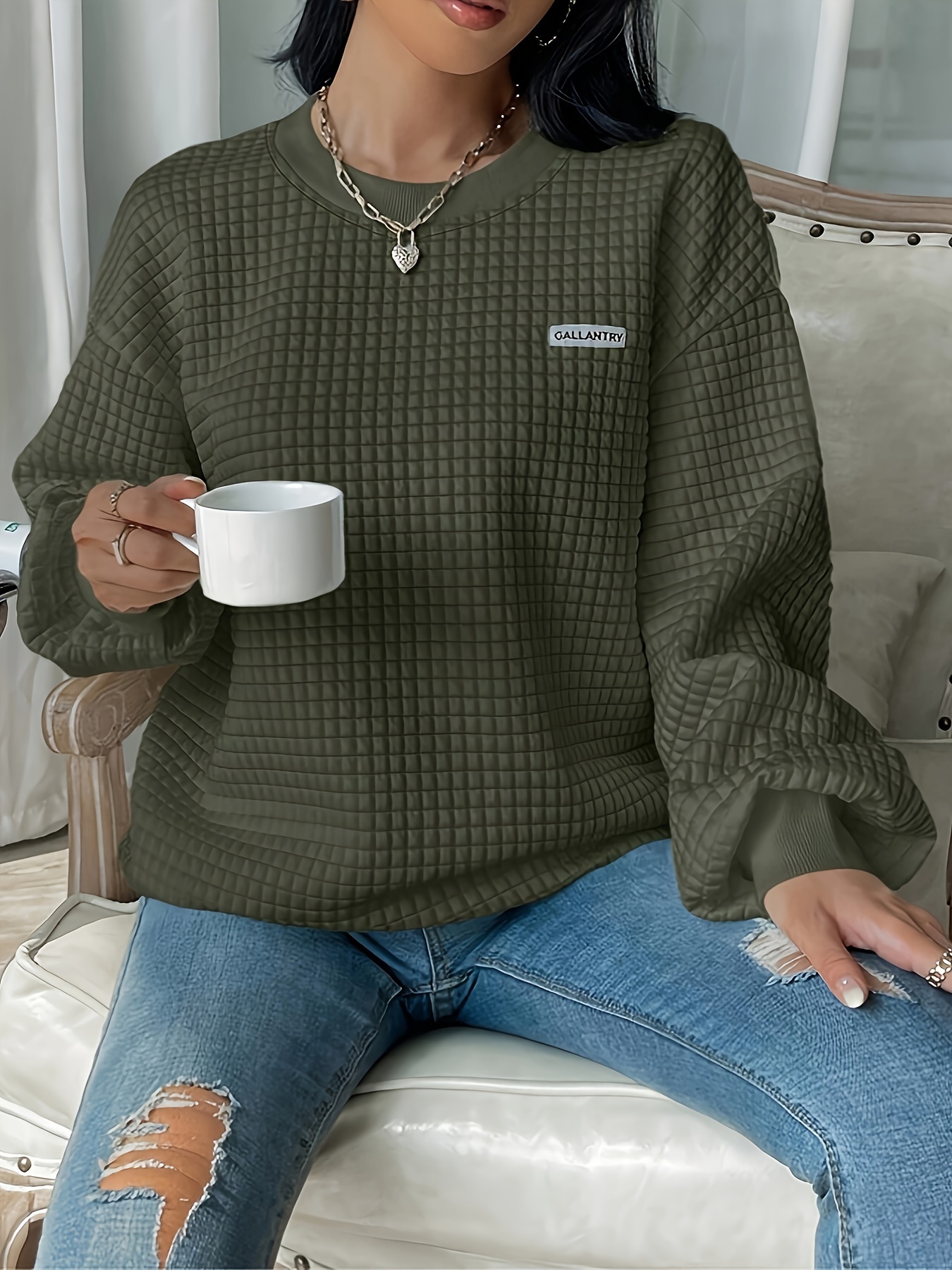 waffle loose sweatshirt casual long sleeve crew neck sweatshirt womens clothing details 36