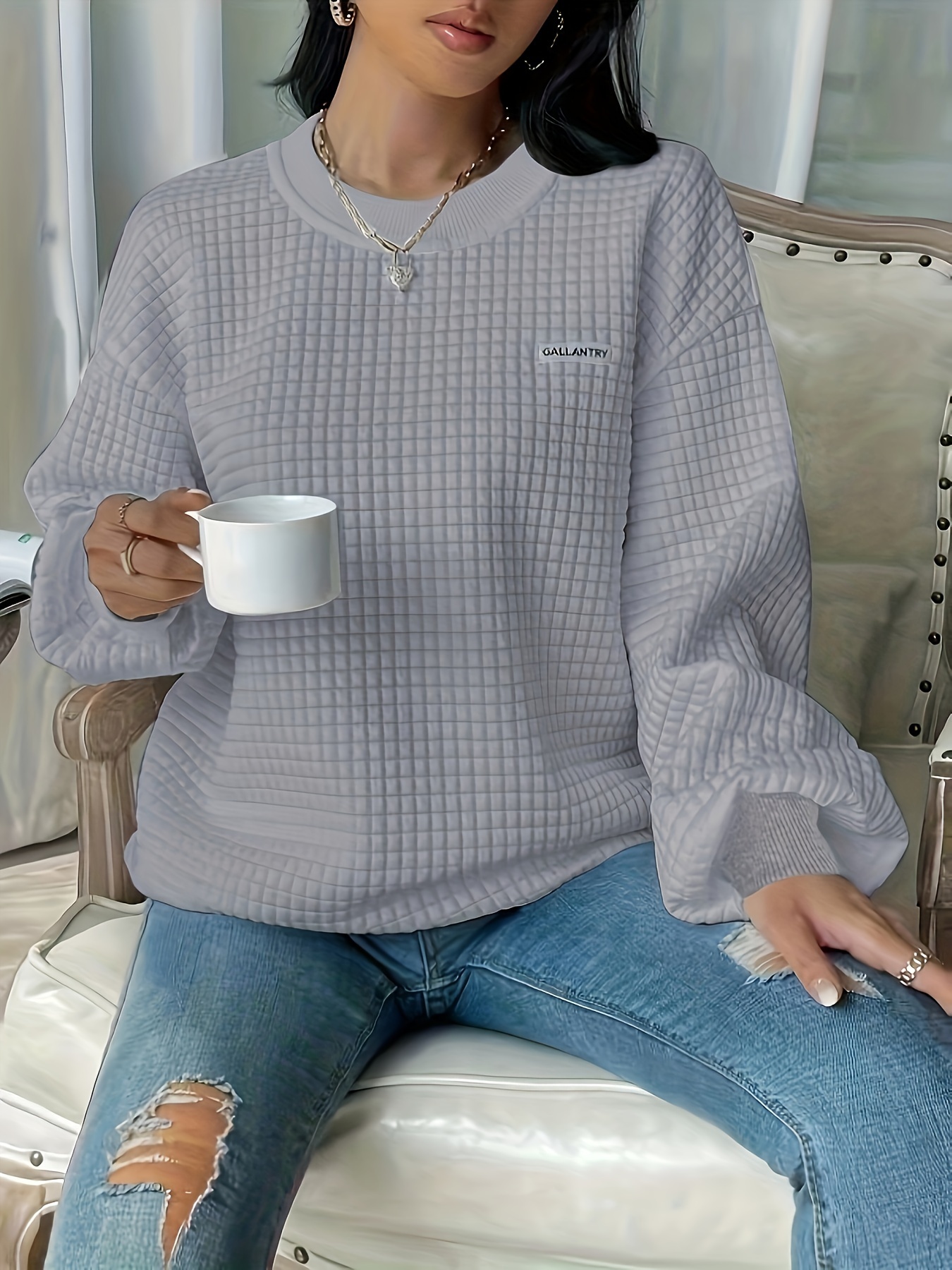 waffle loose sweatshirt casual long sleeve crew neck sweatshirt womens clothing details 8