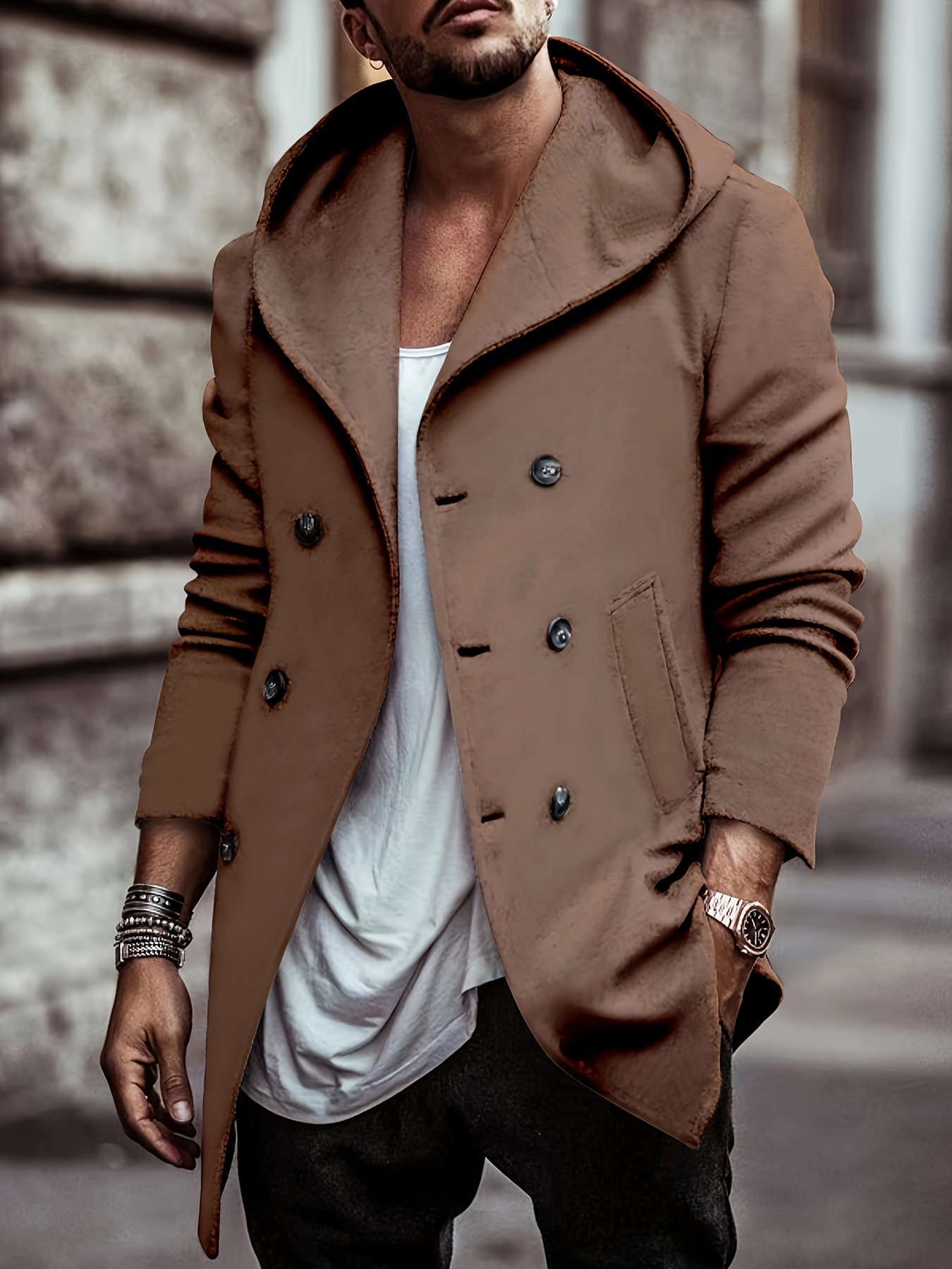 cotton blend mens trendy retro hooded long sleeve coat windbreaker stylish long overcoat for autumn winter details 6