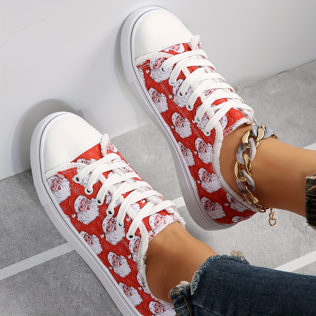 santa claus print shoes women s cartoon lace flat details 5