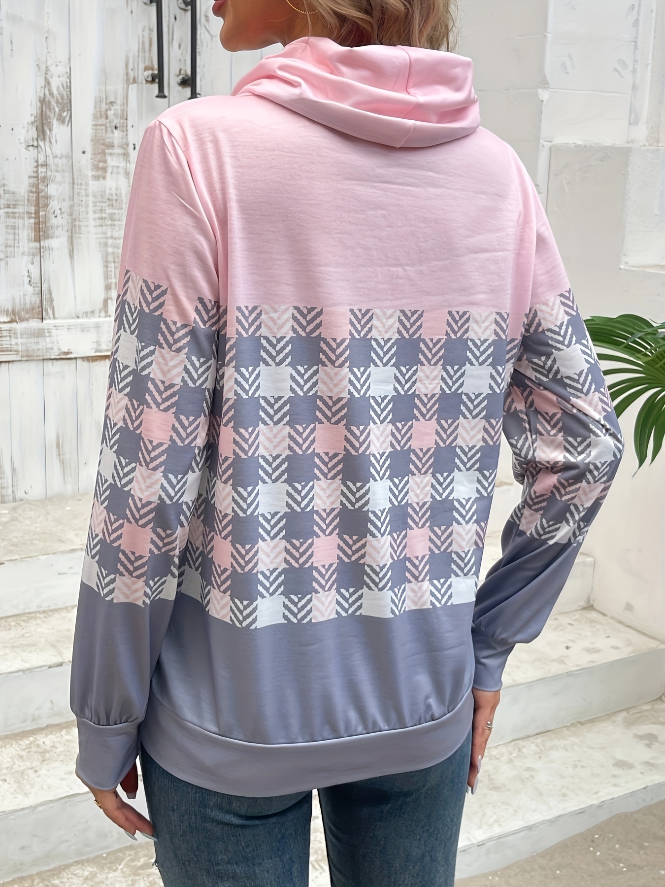 plaid print drawstring sweatshirt casual cowl neck long sleeve sweatshirt womens clothing details 0