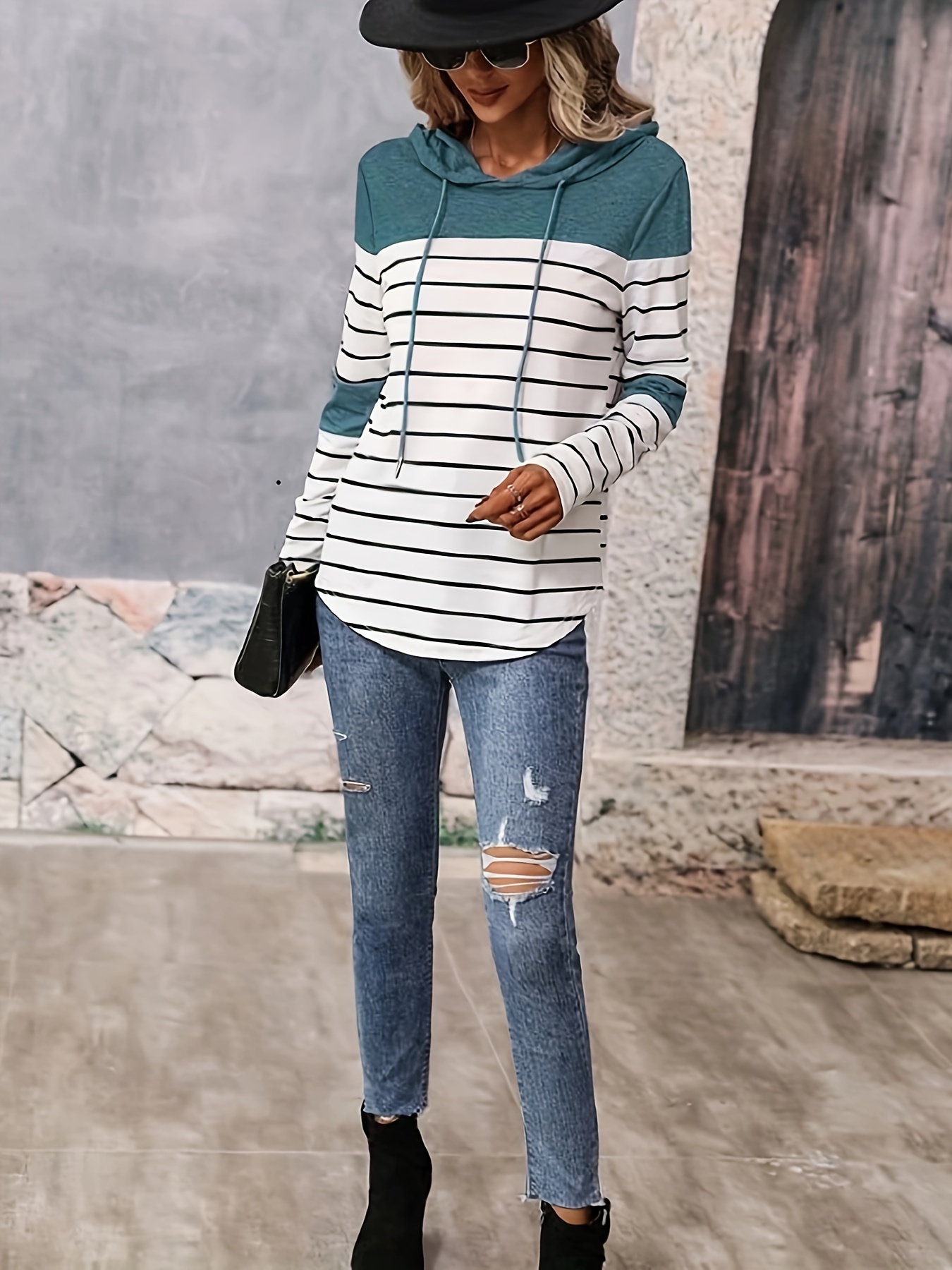 striped print curved hem hoodie casual long sleeve drawstring hoodie sweatshirt womens clothing details 2