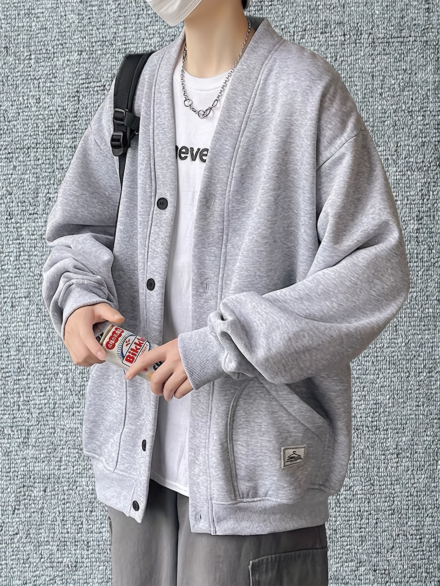 mens casual single breasted jacket retro loose fit cardigan sweater coat details 4
