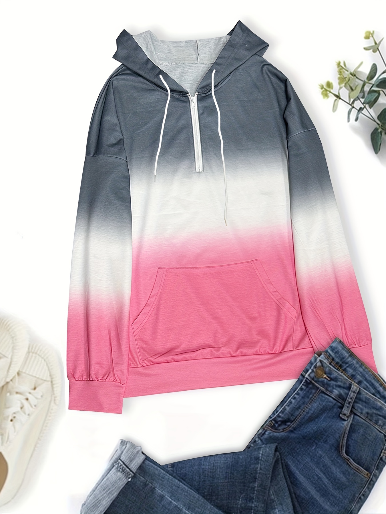 color block drawstring half zip hoodies street wear drop shoulder kangaroo pocket sweatshirt womens clothing details 25