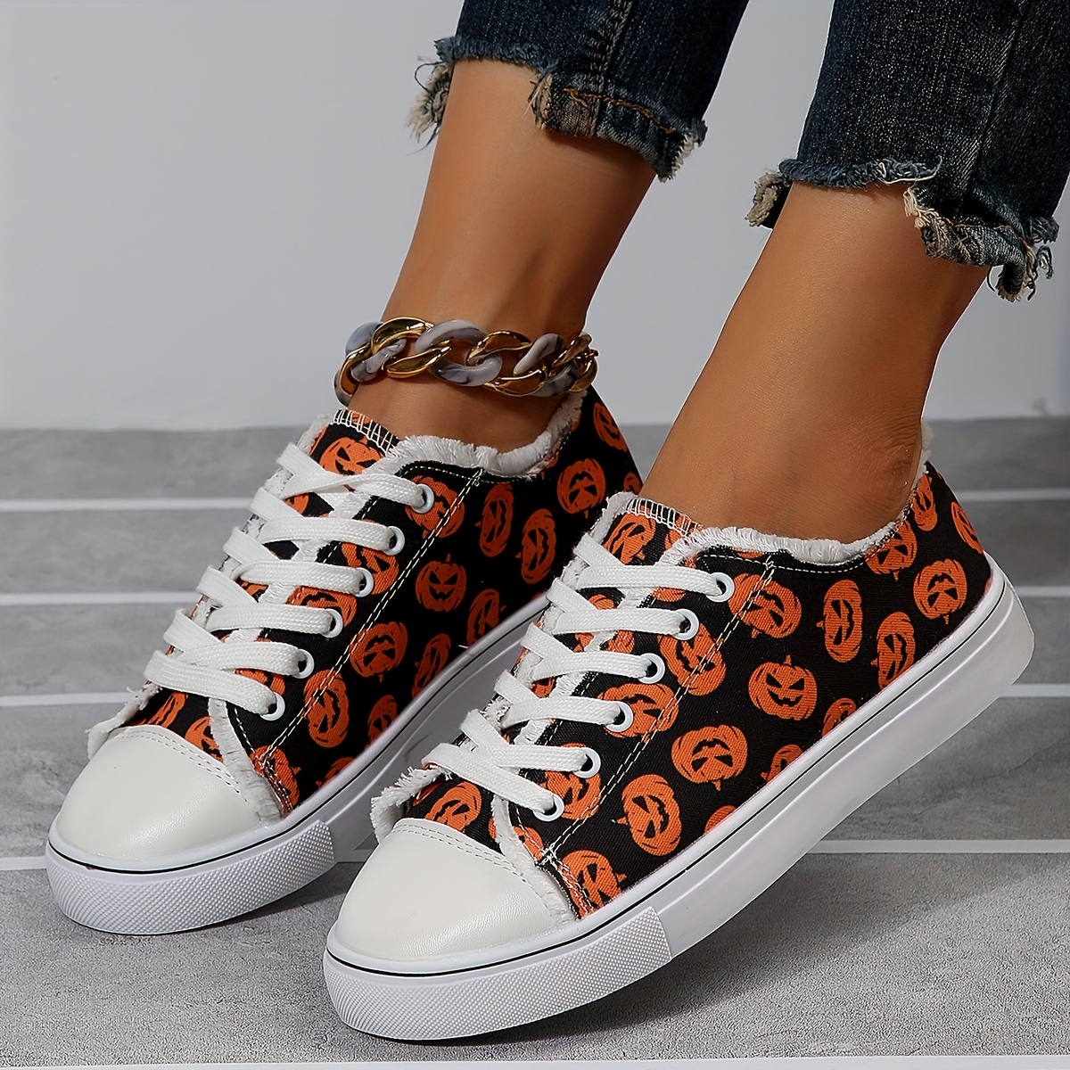womens pumpkin pattern flat shoes lace up low top round toe non slip casual canvas shoes outdoor halloween shoes details 5