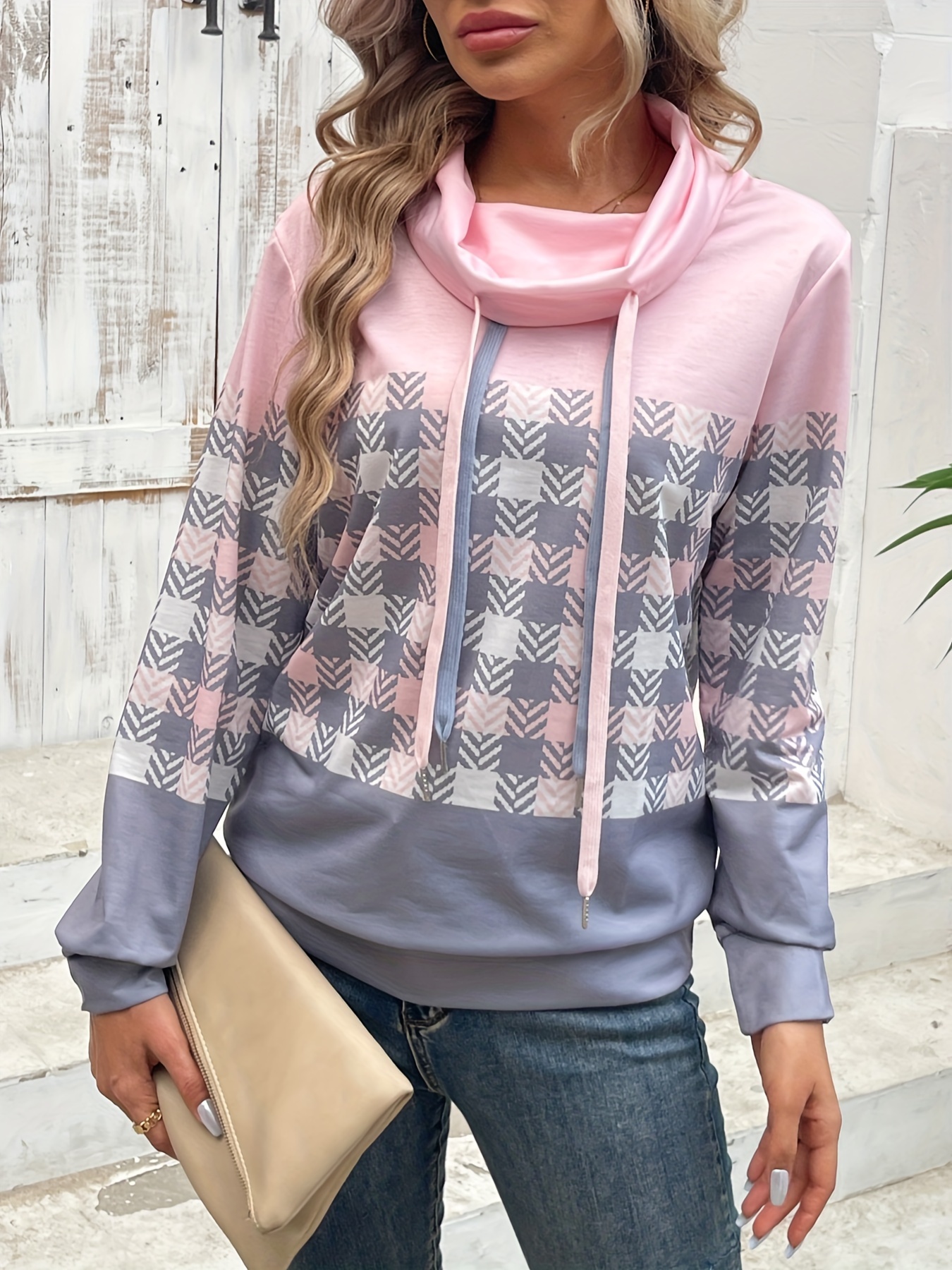 plaid print drawstring sweatshirt casual cowl neck long sleeve sweatshirt womens clothing details 1