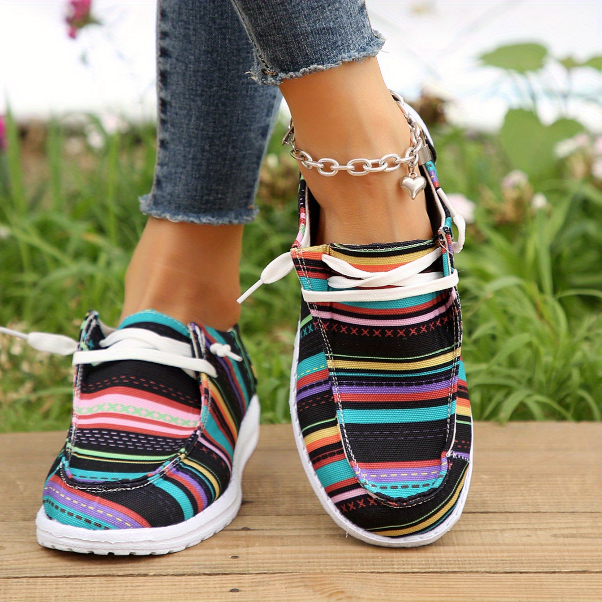 colorful striped canvas shoes women s lightweight round toe details 1