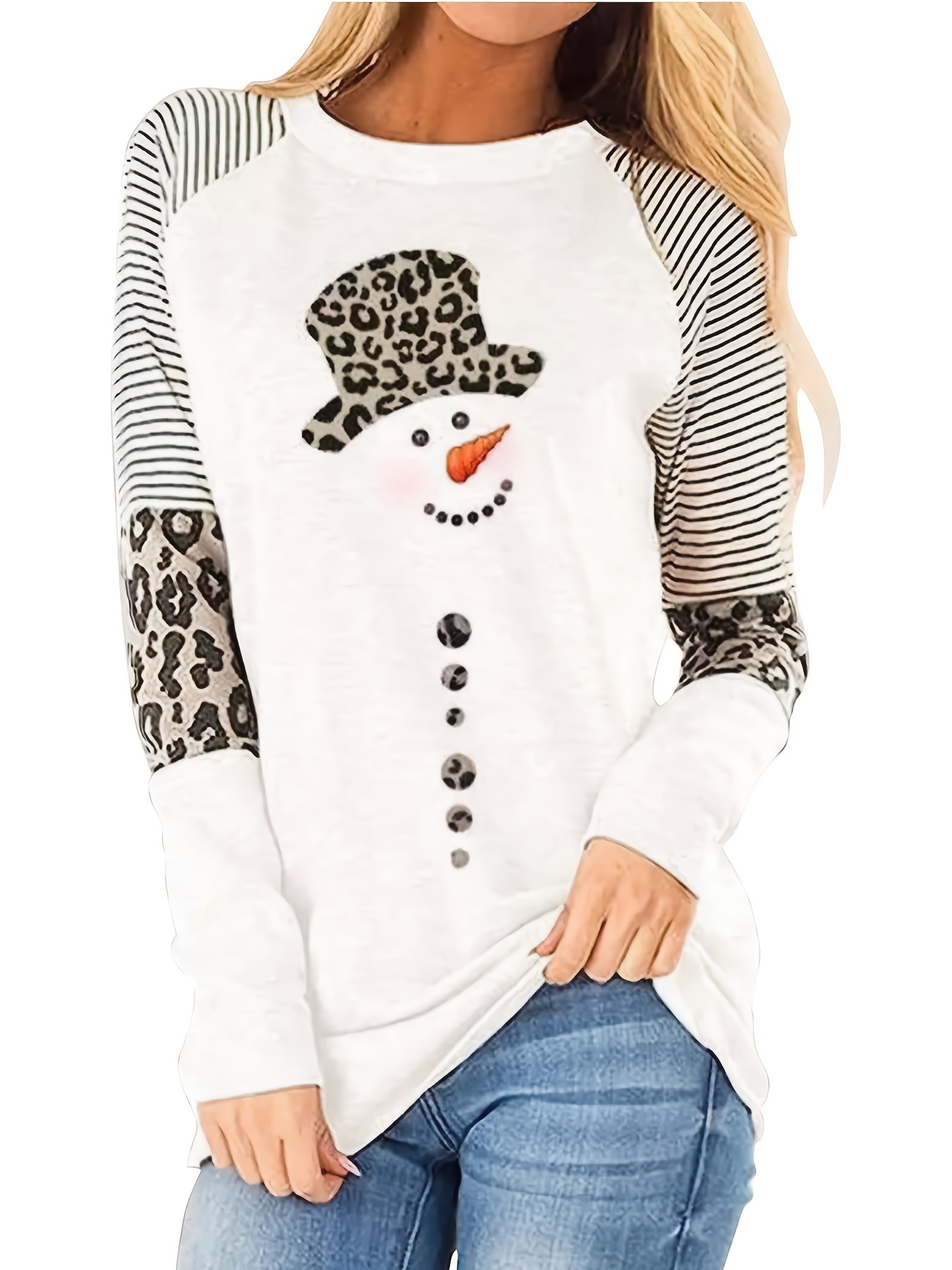 snowman leopard print sweatshirt casual crew neck long sleeve sweatshirt womens clothing details 1