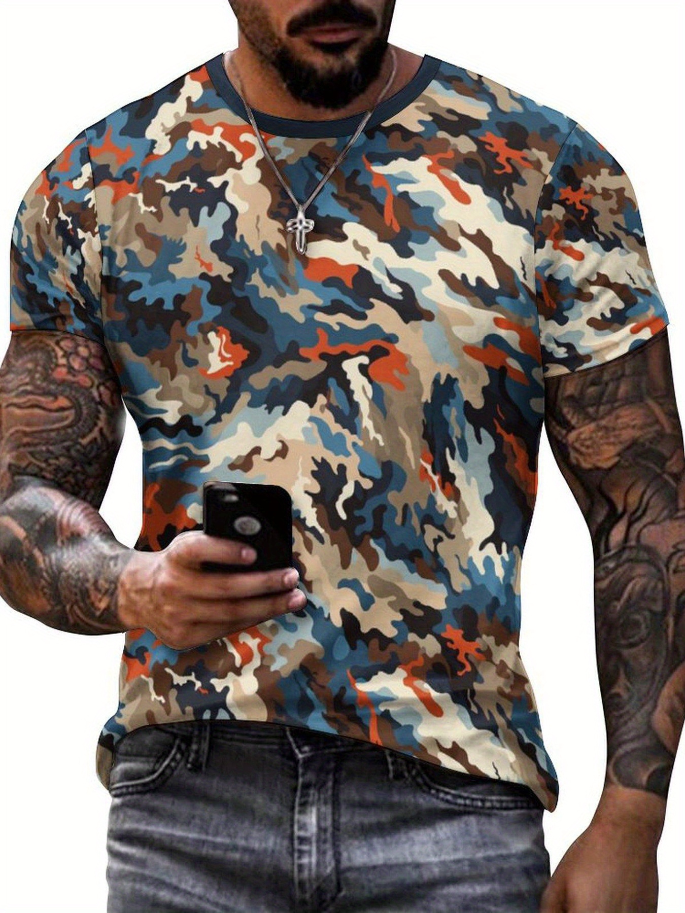 camouflage pattern 3d print mens novelty short sleeve crew neck t shirt summer outdoor sports details 3