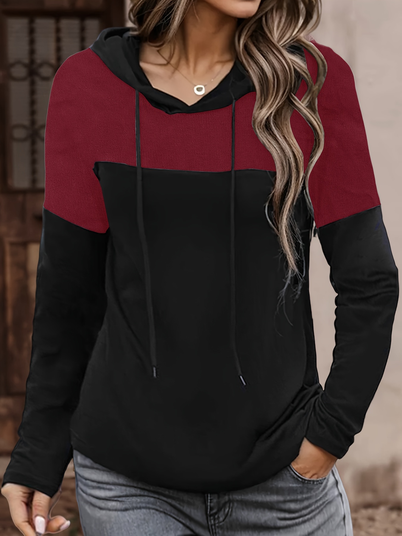 color block drawstring hoodie casual long sleeve hoodies sweatshirt womens clothing details 6