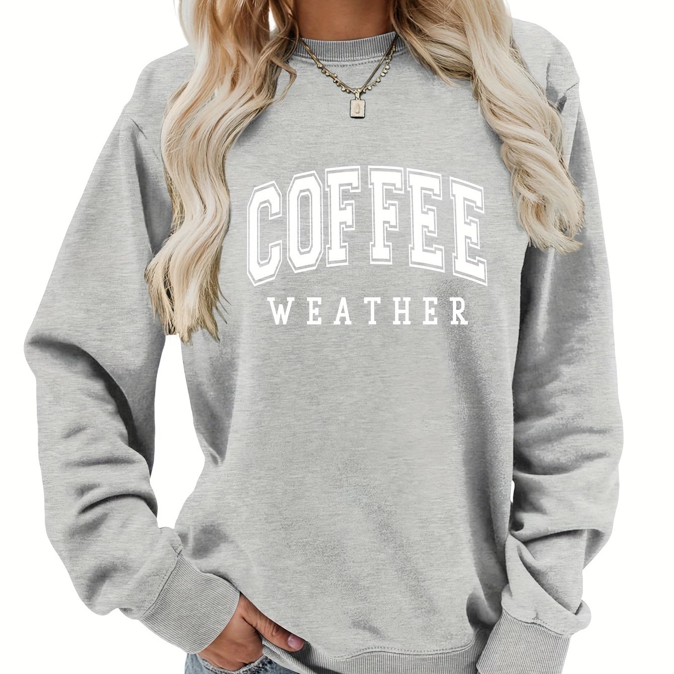 Women's Chic Coffee Letter Print Sweatshirt - Casual Crew Neck, Comfy Cotton Blend, All-Season Wear