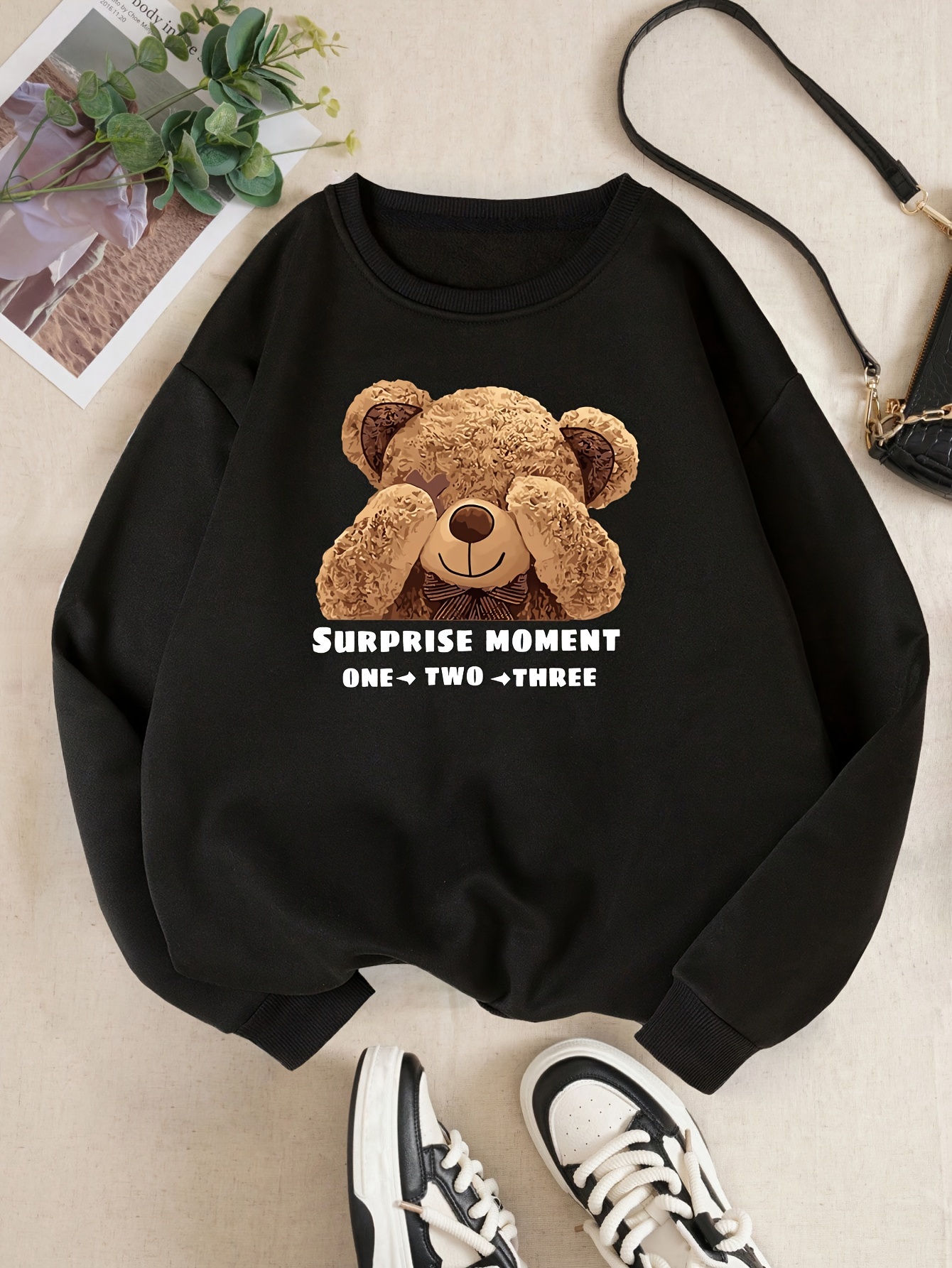 bear letter print loose sweatshirt casual long sleeve crew neck sweatshirt womens clothing details 5