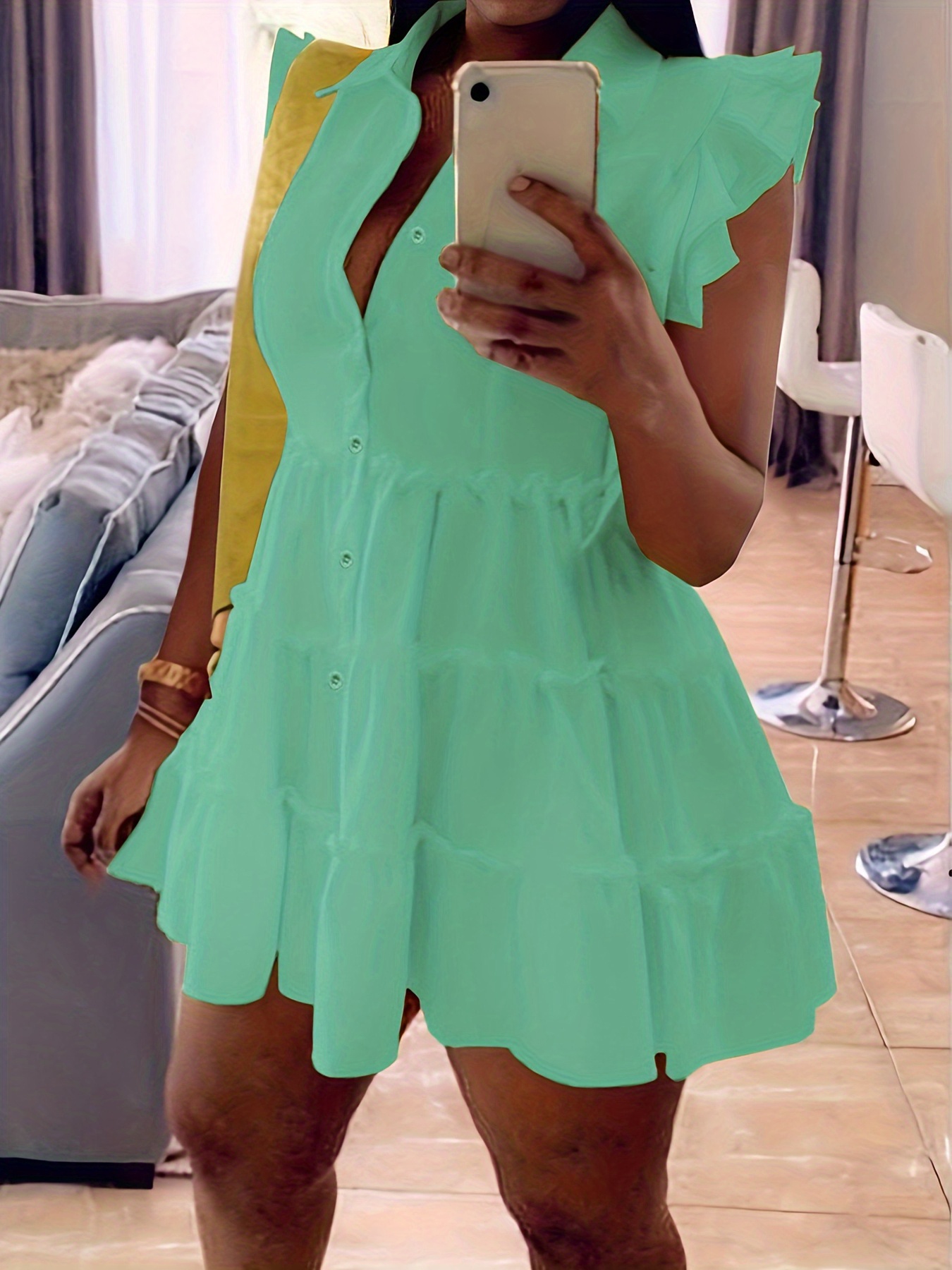 shirt collar tiered dress ruffle trim casual dress for spring summer womens clothing details 4